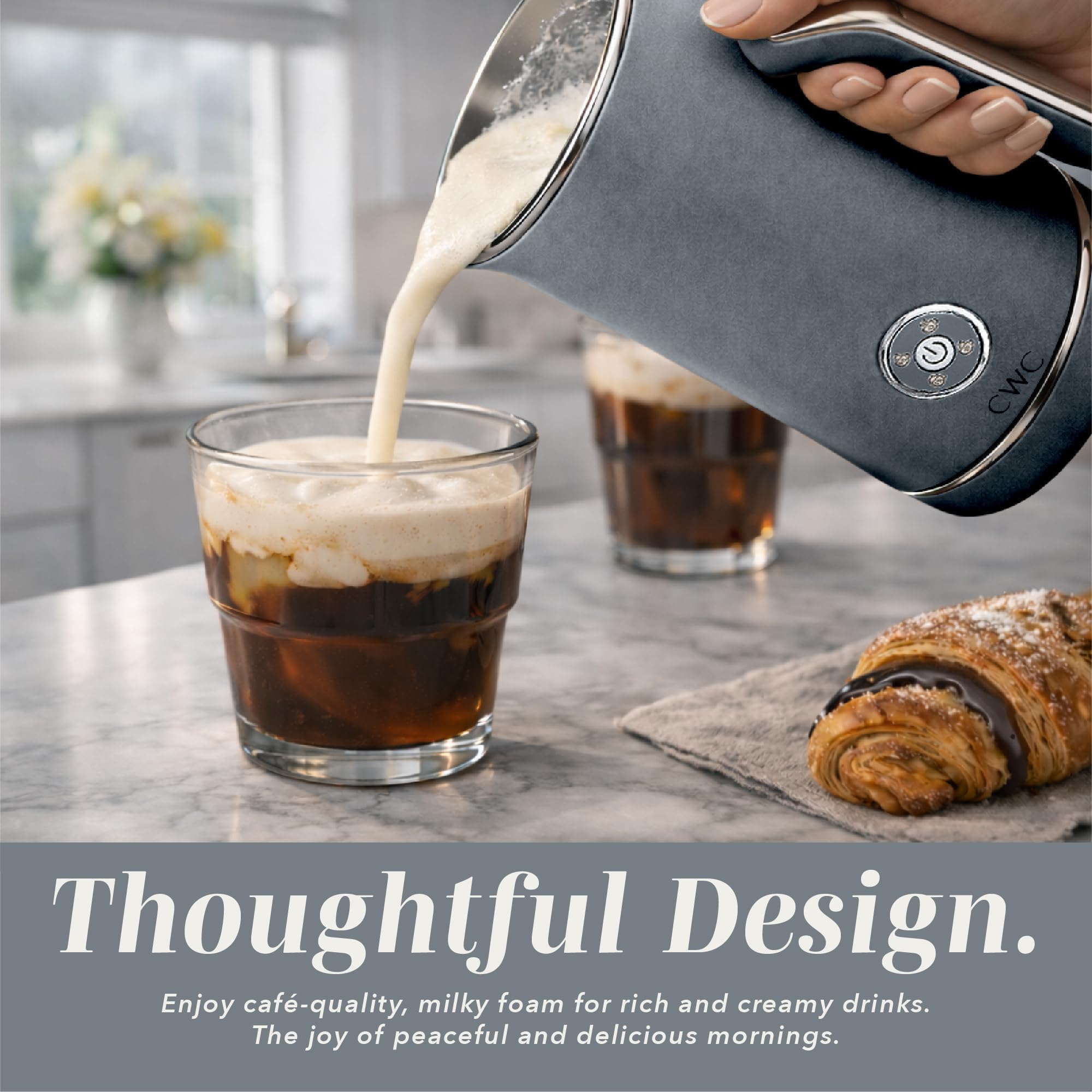 COOK WITH COLOR 4-in-1 Electric Milk Steamer and Frother - 2-Minute Heating and Frothing, Hot and Cold Foam Maker for Coffee, Latte, Cappuccino, Macchiato, Milk Warmer, Auto Shut Off, Grey