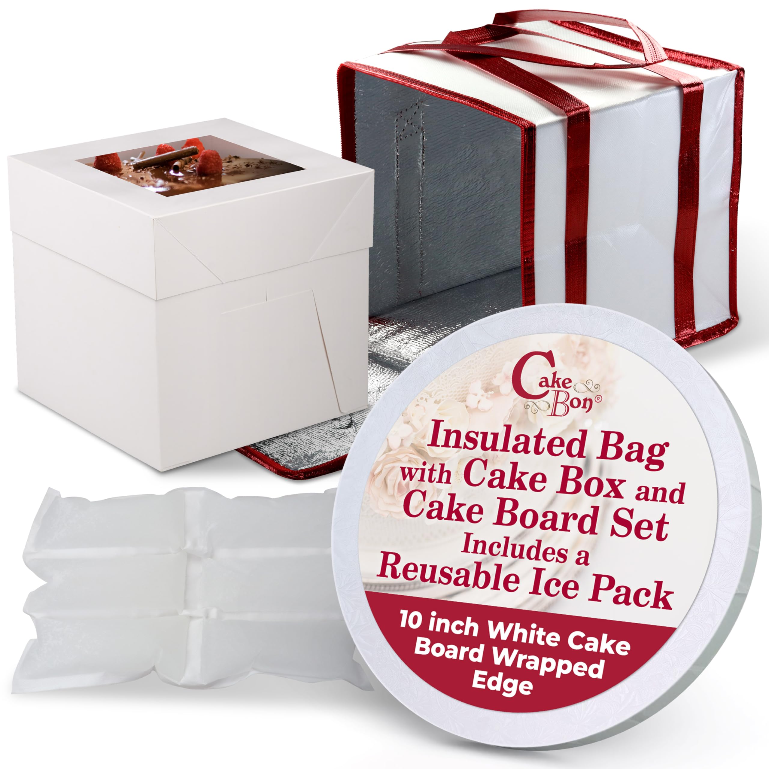 Cakebon 10" Cake Box Drum Insulated Bag White Round Wrapped 1Pack