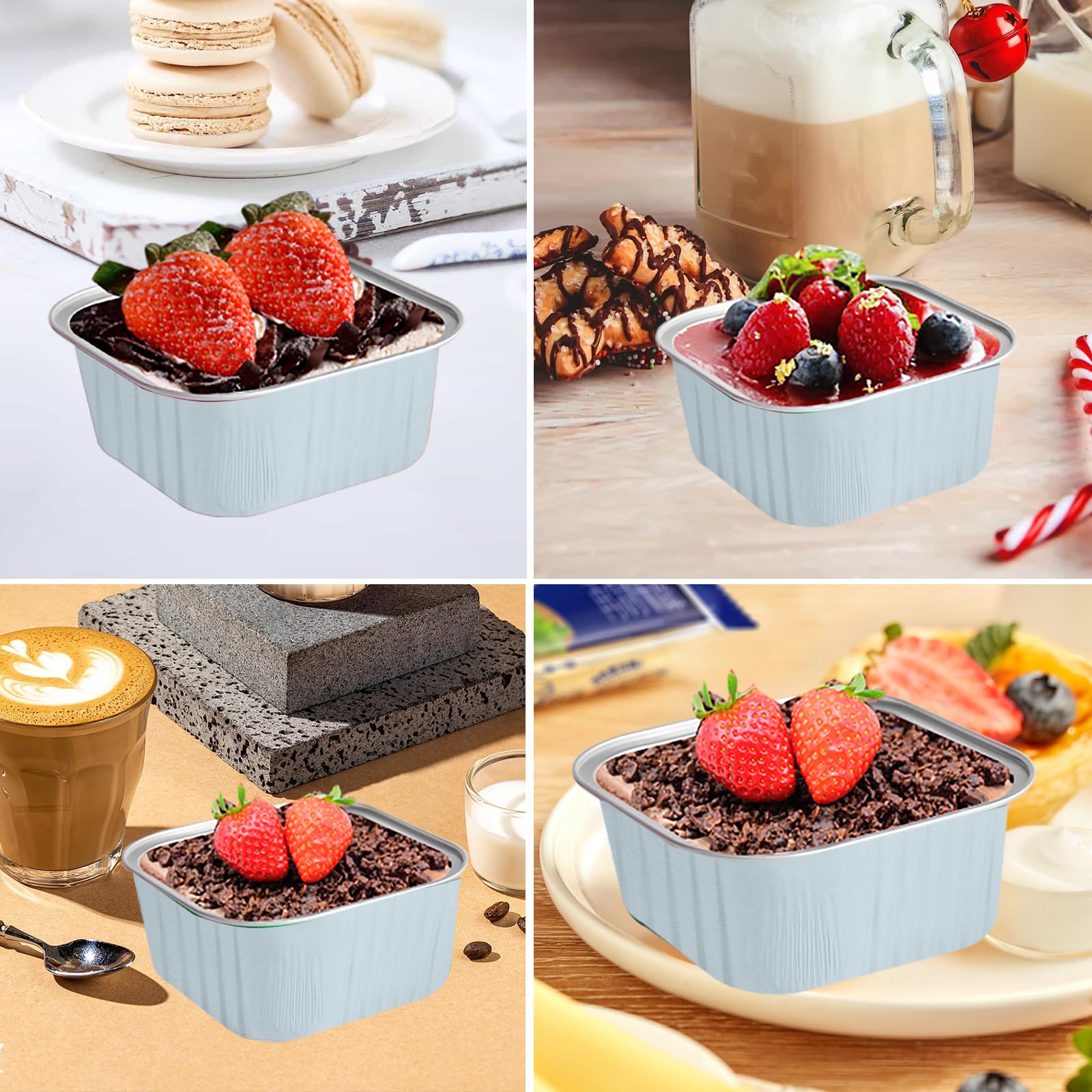 50 Pcs Mini Square Baking Cups with Lids,10oz Aluminum Foil Mini Cake Pans with Lids,Disposable Ramekins Cake Pans,300ml Dessert Cups Cupcake Pans for Wedding Birthday Party,White