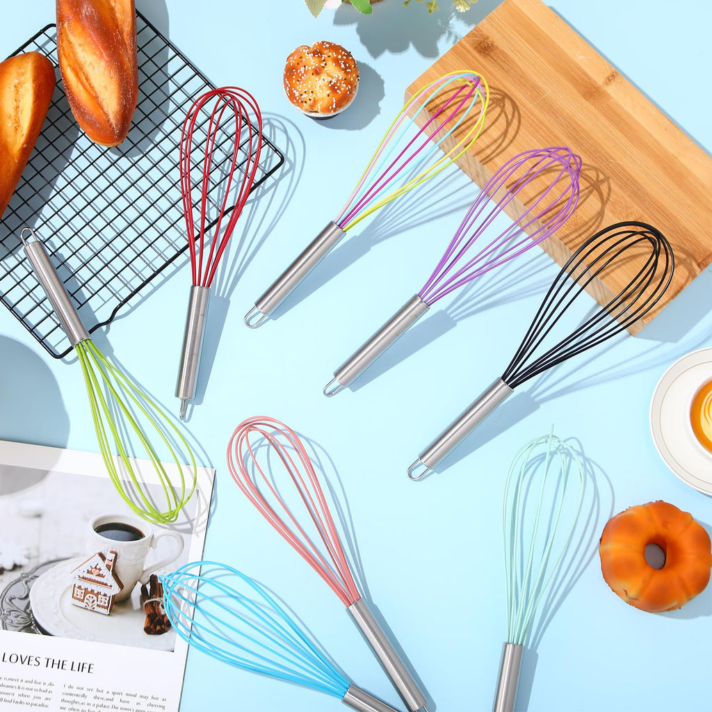 Domensi 8 Pcs 8 Inch Whisks Bulk for Cooking Silicone Whisks Non Scratch Stainless Steel Hand Coated Metal Heat Resistant Egg Beaters for Classroom Cook Party Favor Gift Supplies