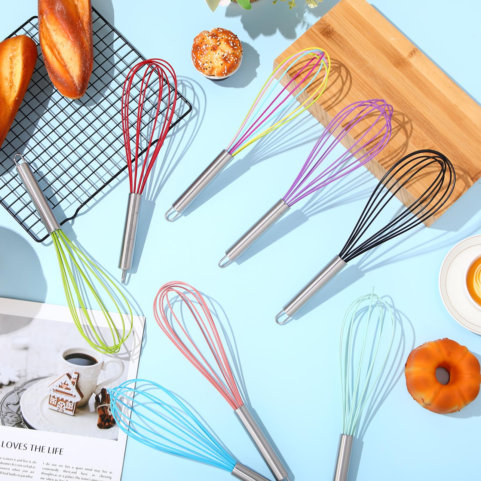 Domensi 8 Pcs 8 Inch Whisks Bulk for Cooking Silicone Whisks Non Scratch Stainless Steel Hand Coated Metal Heat Resistant Egg Beaters for Classroom Cook Party Favor Gift Supplies