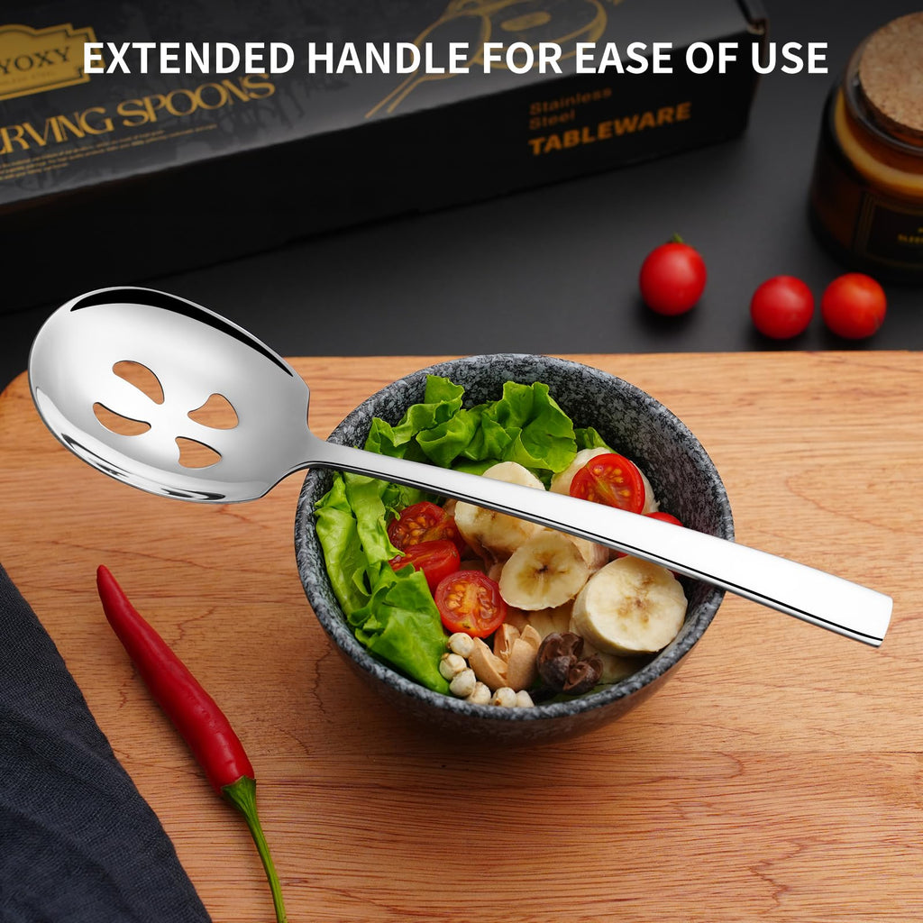 Keyoxy 4 Piece Stainless Steel Serving Spoons Set - 2 Large, 2 Slotted, 9.2-Inch, Dishwasher Safe, for Parties/Kitchen/Buffet/Catering