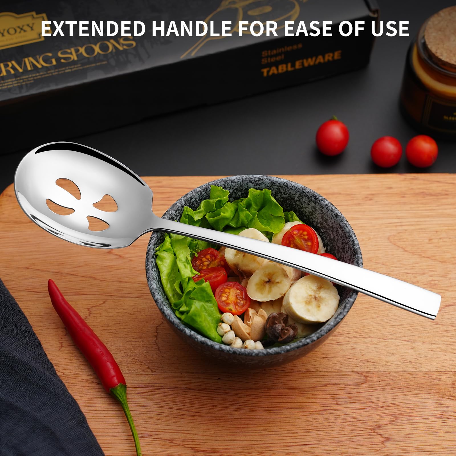 Keyoxy 4 Piece Stainless Steel Serving Spoons Set - 2 Large, 2 Slotted, 9.2-Inch, Dishwasher Safe, for Parties/Kitchen/Buffet/Catering