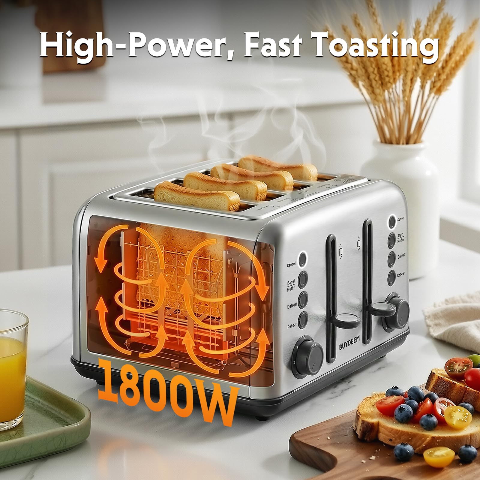 BUYDEEM DT640 4-Slice Toaster, 7 Shade Settings, Extra Wide 1.5’’ Slots for Bagel & English Muffin, 6 Toasting Functions, Retro Stainless Steel Toaster with High Lift Lever, 1800W, Retro Silver
