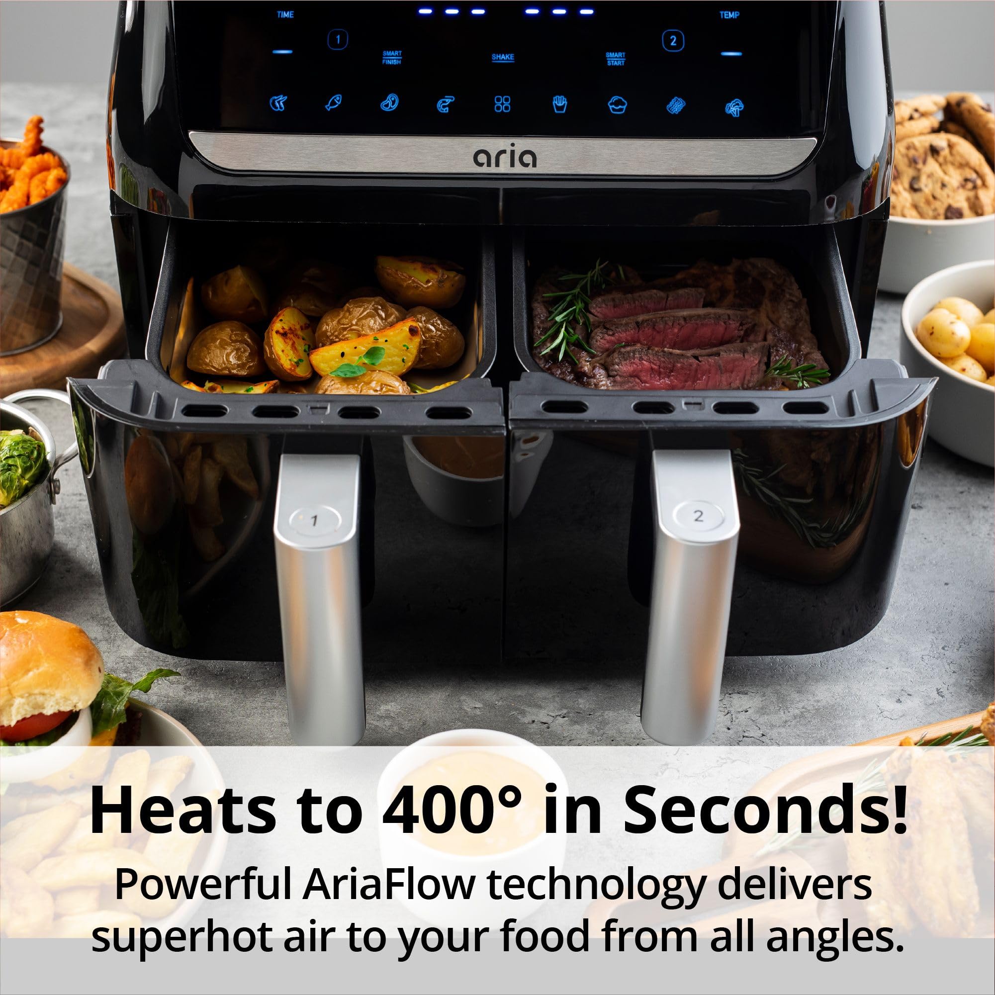 Aria 10 Qt Dual Air Fryer with 2 Baskets, Smart Sync Dual Air Fryers, Easy Clean Dishwasher Safe Double Basket, Large Sized for Family Meals, XL Touchscreen Display, 8 Meal Presets, Black
