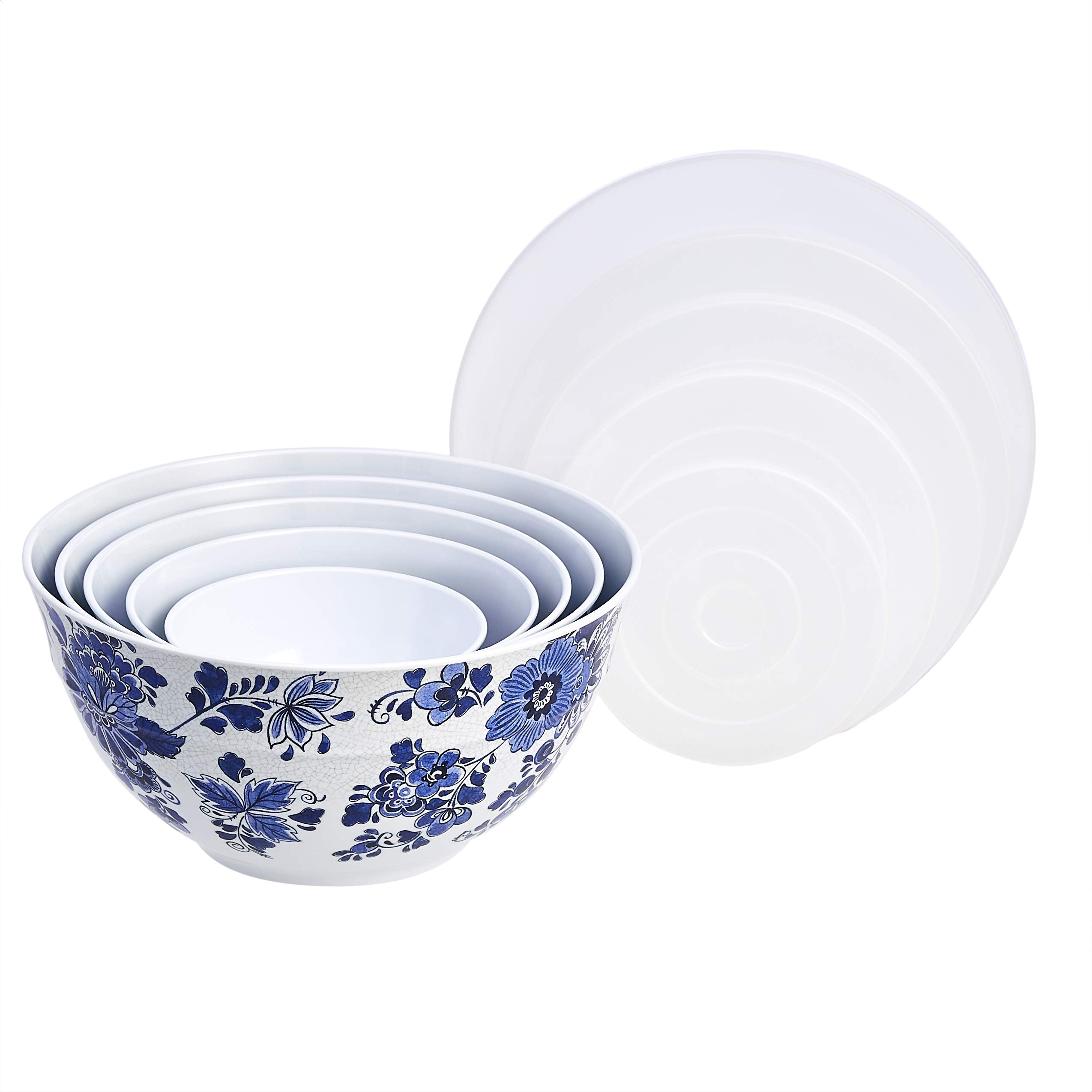 Mixing Bowls with Lids, Nesting Melamine Serving Bowls, Non-Slip Base, BPA Free, Dishwasher Safe, 5 Sizes, Blue and White Floral, Set of 10