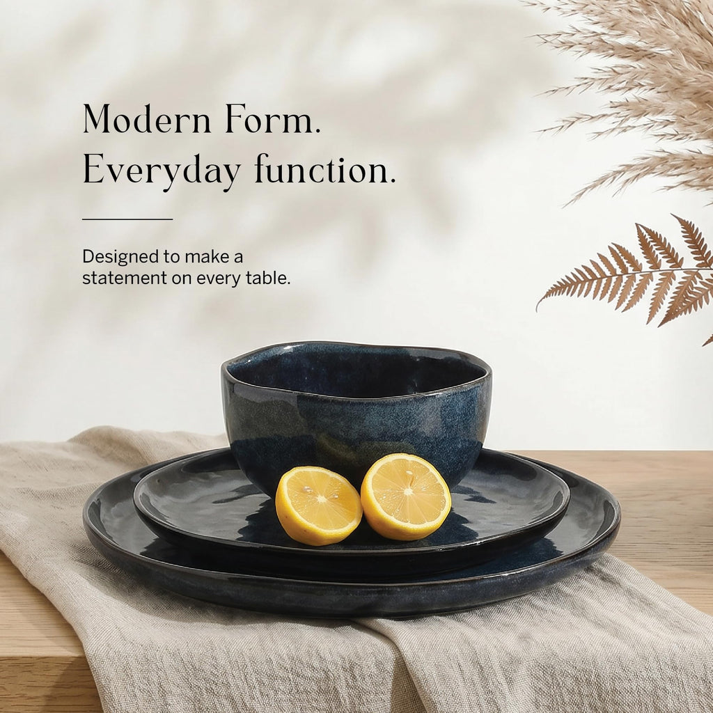 Stone Lain Mirella 24-Piece Stoneware Dinnerware Set, Service for 8 – Reactive Glaze, Deep Blue – Includes Dinner Plates, Salad Plates, and Bowls – Modern Organic Design