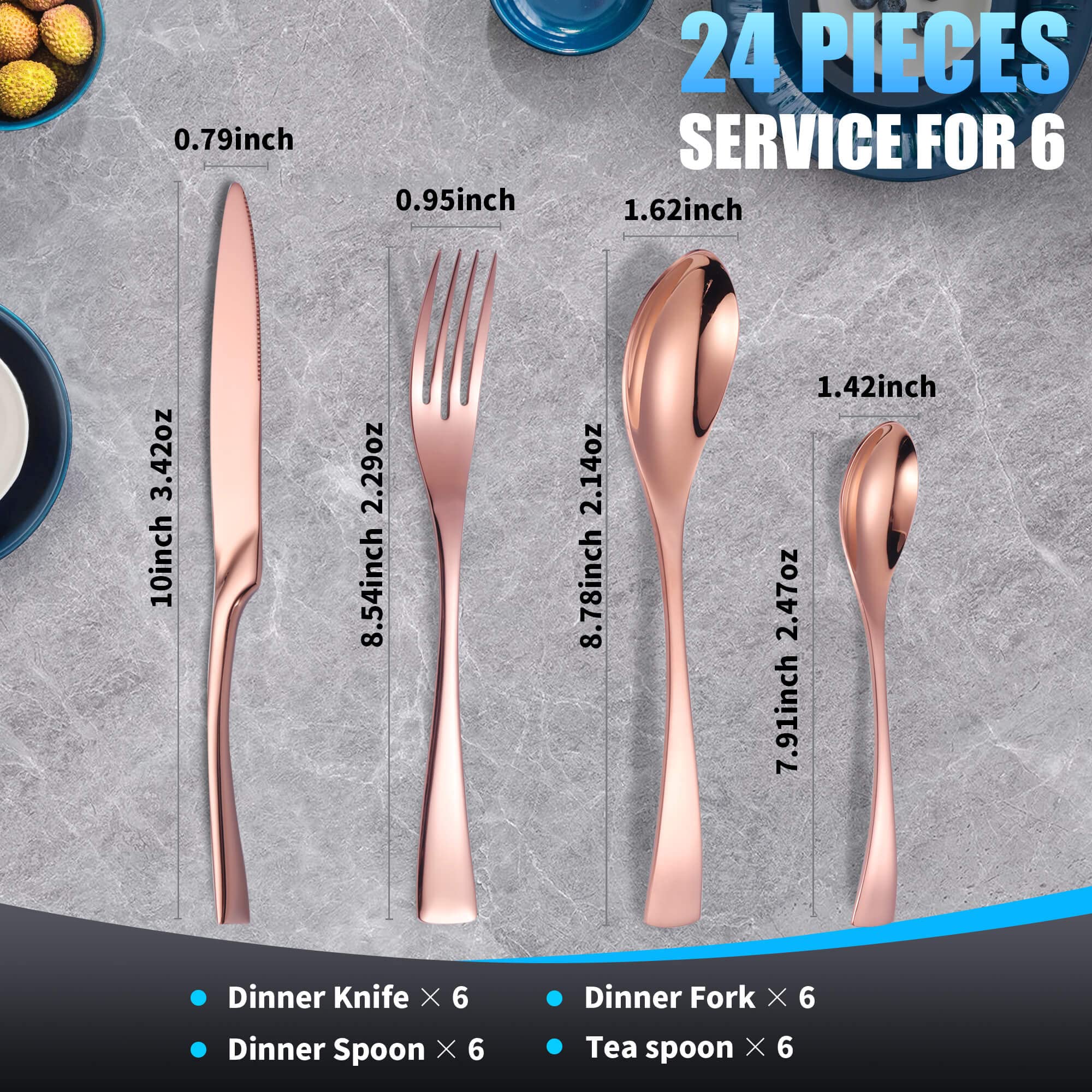 Lemeya 24 Pieces Rose gold Silverware Set for 6,Heavy Duty 18/10 Stainless Steel Flatware Set with Forged Stand Knife,Modern Cutlery Utensil Set,Mirror Polished,Dishwasher Safe