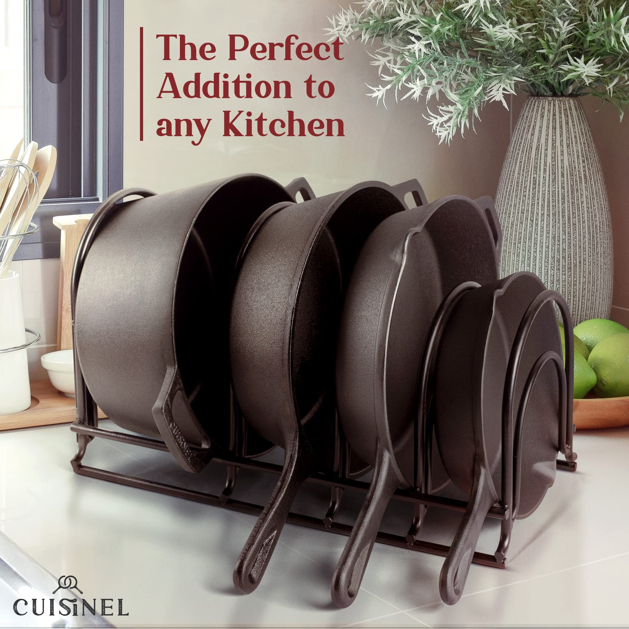Cuisinel Pan Organizer for Cast Iron, 60-100LB, Extra Large 5-Tier Rack, Matte Black 15.9"