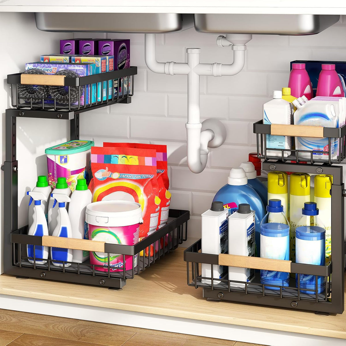 PXRACK Under Sink Organizer, Adjustable Height, 2 Tier Pull Out Under Cabinet Organizer, Slide Out Thickened Metal Under Sink Storage for Kitchen Bathroom Laundry Pantry Cabinet, White, Large-1-Pack