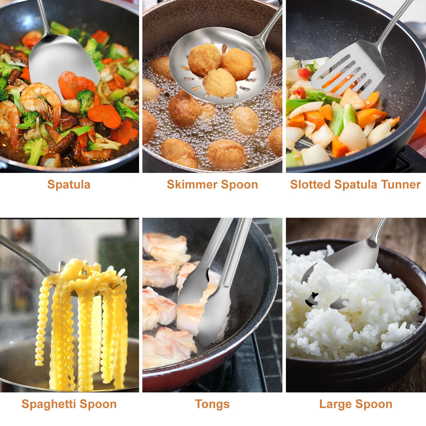 304 Stainless Steel Cooking Utensils Set, 12 Pcs Long Stainless Steel Kitchen Utensils Set, Metal Cooking Utensils Set with Potato Masher, Spoon, Ladle, Skimmer, Pasta Server etc(Dishwasher Safe)
