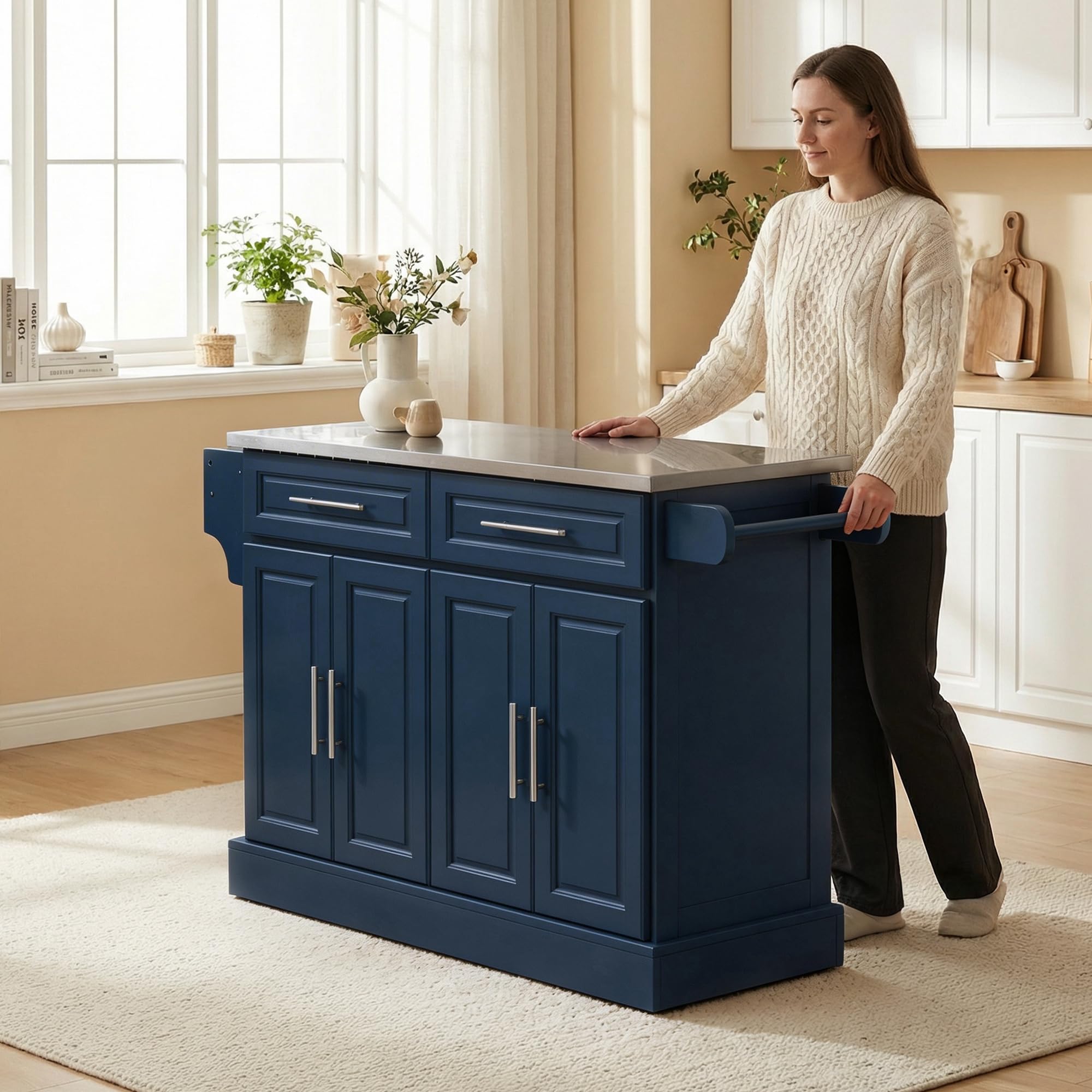 HOMCOM Rolling Kitchen Island Cart with 47" Stainless Steel Top Navy Blue