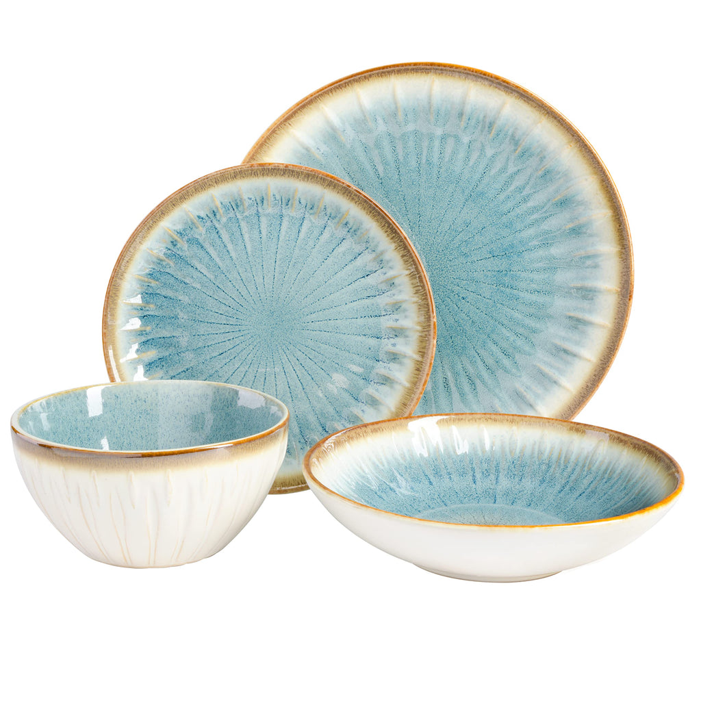 Gibson Elite Mayfair Bay 16-Piece Embossed Double Bowl Dinnerware Set, Service for 4 – Blue Stoneware Plates and Bowls
