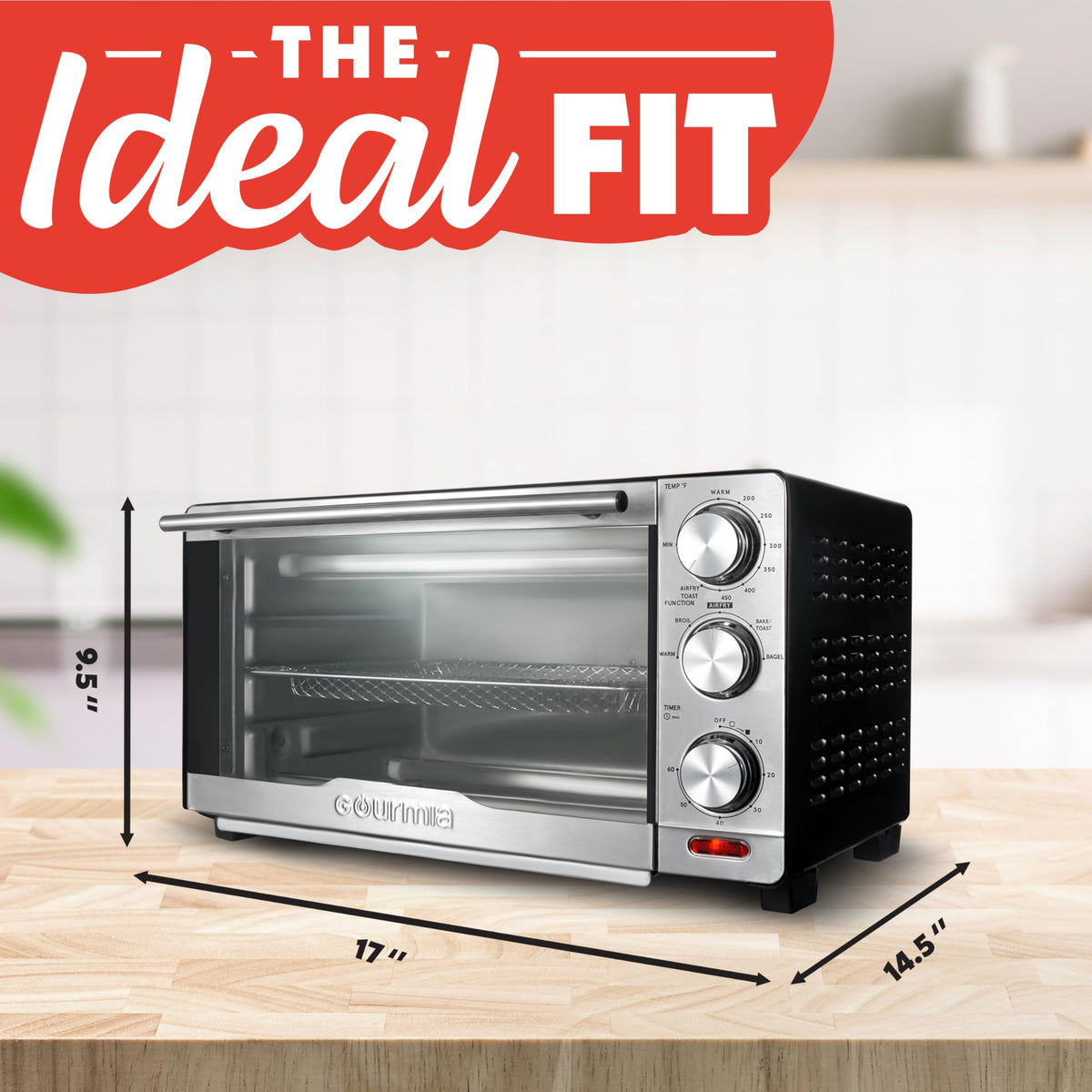 Gourmia Air Fryer Toaster Combo - 6-in-1 Multi-function Countertop Oven Adjustable Temperature & Timer, Fry Basket, Baking Pan, Oven Rack & Pullout Crumb Tray, Stainless Steel