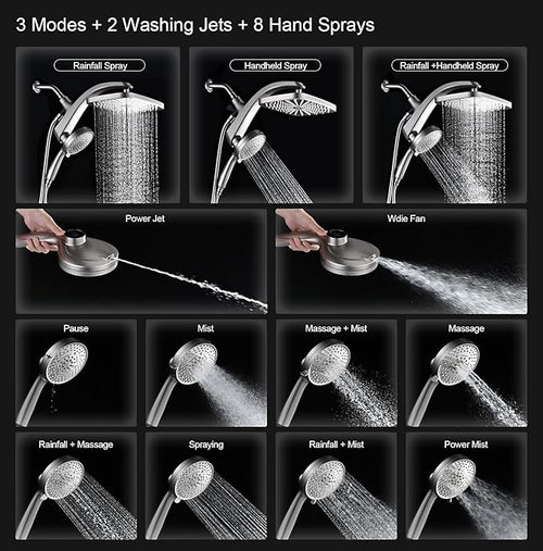 12" High Pressue Rain Shower Head with Handheld, 9 Sprays Hand Showerhead