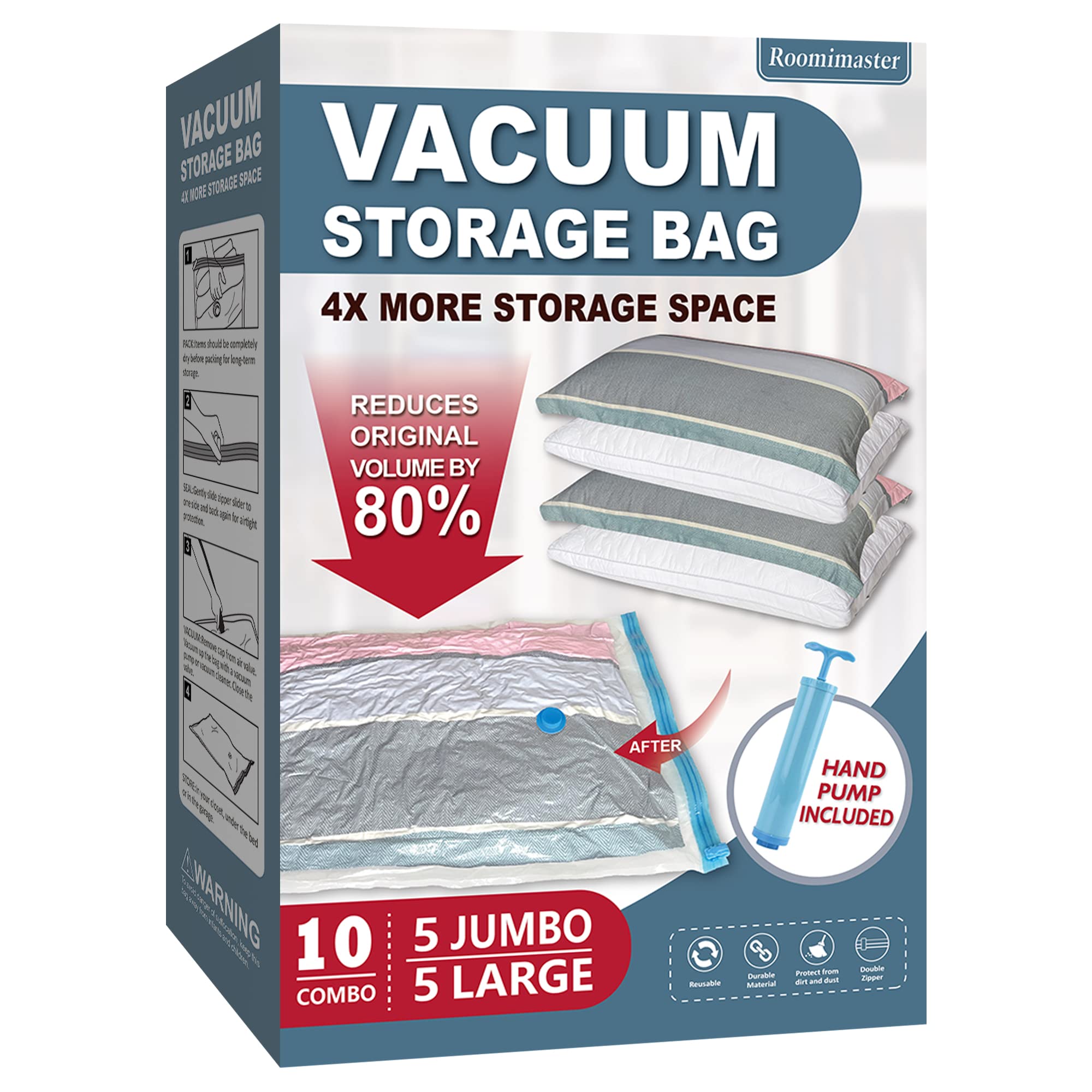 Roomimaster Vacuum Storage Bags, Vacuum Seal Space Saver Bags for Clothing, Travel Lugggage, Carry-on, Blankets, Comforters, Pillow, Bedding, 10 Combo
