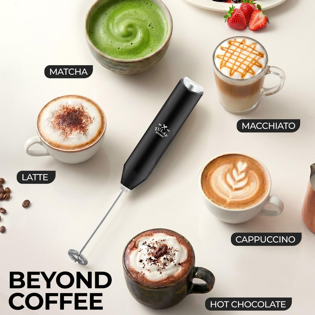 Zulay Kitchen Milk Frother Handheld - Mini Frother Wand, Milk Mixer, Drink Whisk for Coffee, Matcha Essentials & More, Stick Frother for Protein Shakes, Froster Mixer - AA Batteries Included - Black