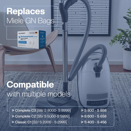 16 Type G/N Vacuum Cleaner Bags for Miele Vacuum Cleaners [Replaces 10123210 AirClean 3D Efficiency Type GN] – Fits Classic C1, Complete C2 & C3, S8340, S8000, S6000 & S5000 Series + 8 Filters