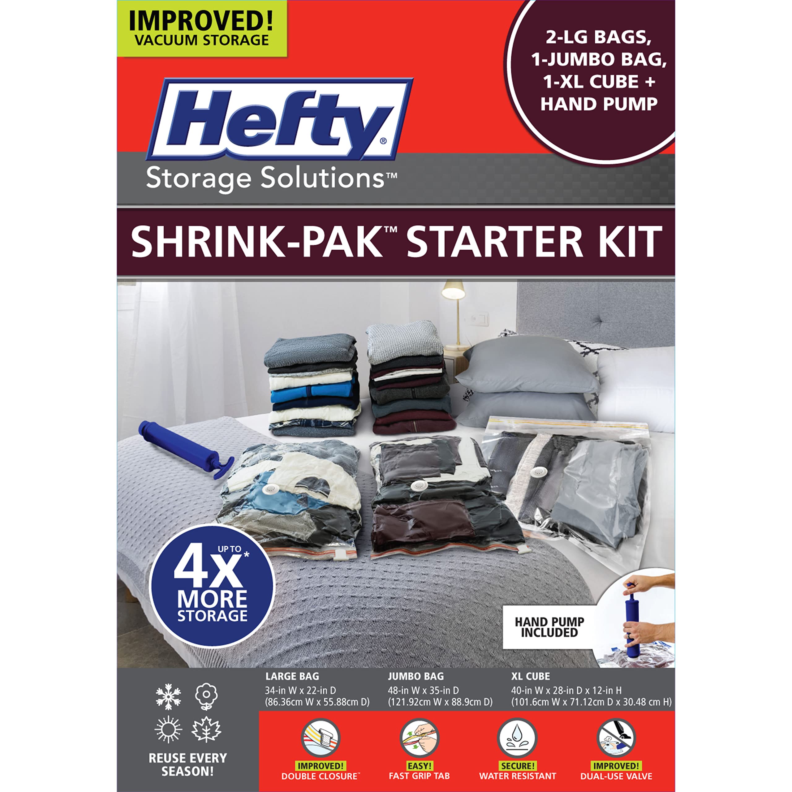 Hefty Shrink-Pak Starter Kit - 2 Large, 1 XL Cube, 1 Jumbo Vacuum Seal Storage Bag and Hand Pump – Space Saver Bags for Clothing, Pillows, Towels, or Blankets, 5 Pc Set