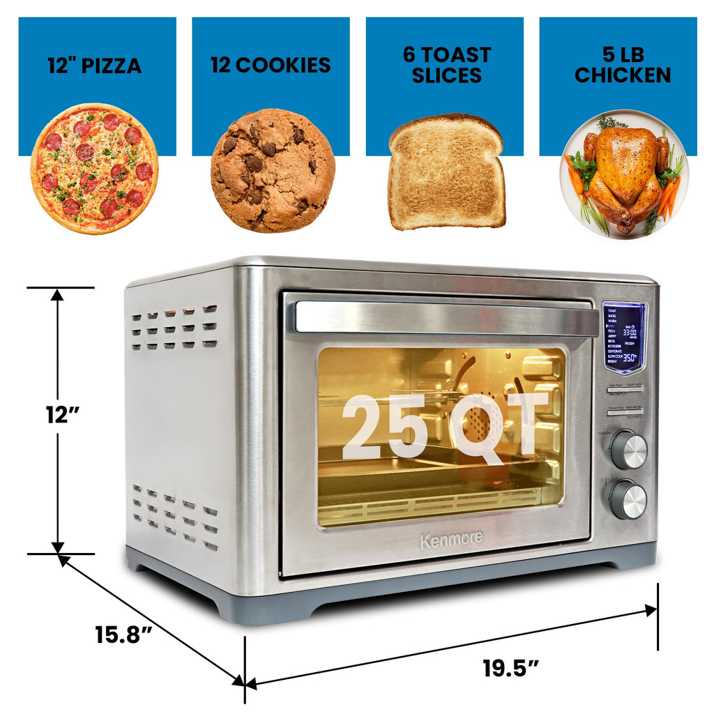 Kenmore Digital 11-In-1 Air Fryer Toaster Oven Combo 25 Qt Convection Rotisserie Dehydrator Bake Broil 1800 Watts 80°-450°F Temp Controls Top & Bottom Heater Adjustments Stainless Steel Large Capacity
