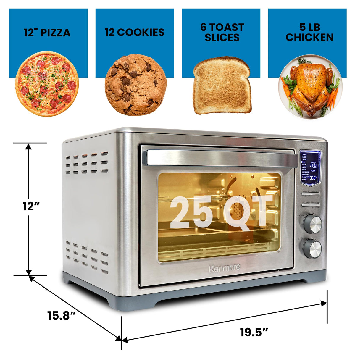 Kenmore Digital 11-In-1 Air Fryer Toaster Oven Combo 25 Qt Convection Rotisserie Dehydrator Bake Broil 1800 Watts 80°-450°F Temp Controls Top & Bottom Heater Adjustments Stainless Steel Large Capacity