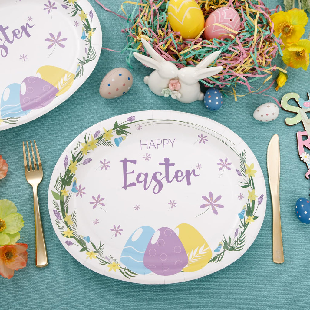 WDF 50Pack Easter Paper Plates - Oval Paper Plates 10" x 12" for Party Supplies Easter Eggs Large Disposable Platter for Easter Serving Tray