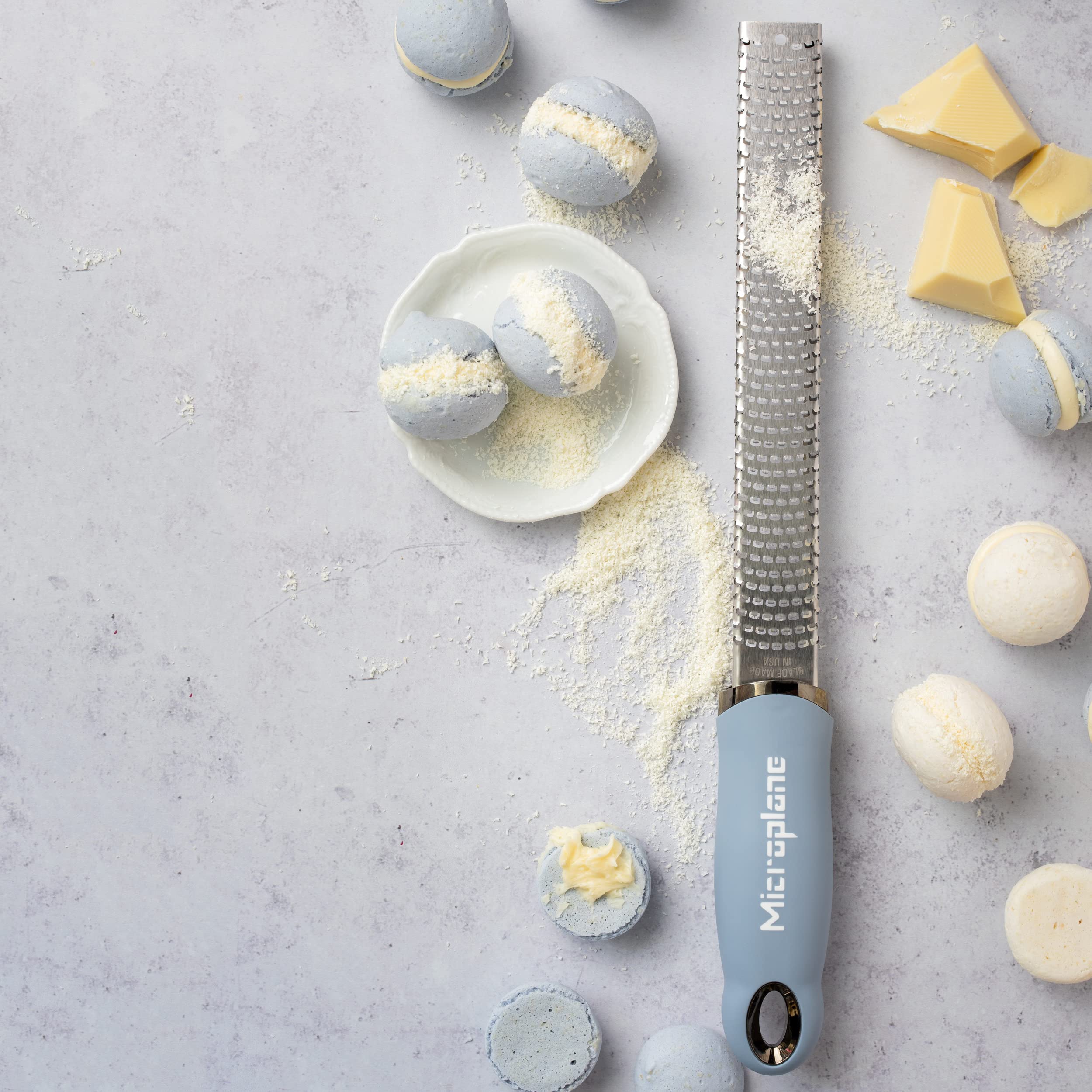 Microplane Zester Grater in Sky Blue for Citrus Fruits, Hard Cheese, Ginger, Chocolate and Nutmeg with Fine Stainless Steel Blade - Made in USA