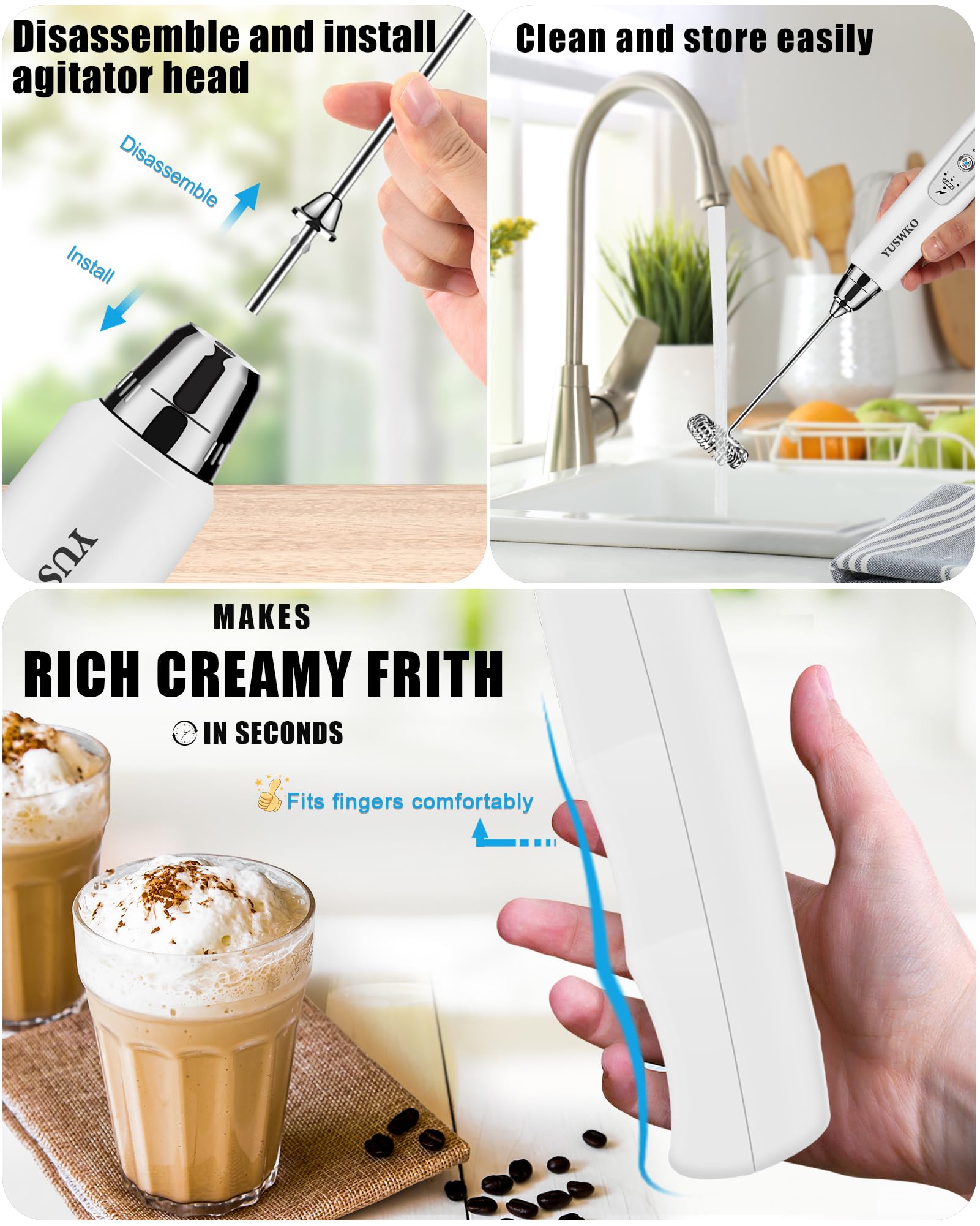 YUSWKO Handheld Milk Frother Wand for Coffee, Rechargeable Electric Whisk with 3 Heads 3 Speeds Drink Mixer Coffee Frother For Latte, Cappuccino, Hot Chocolate, Egg, White with Bag