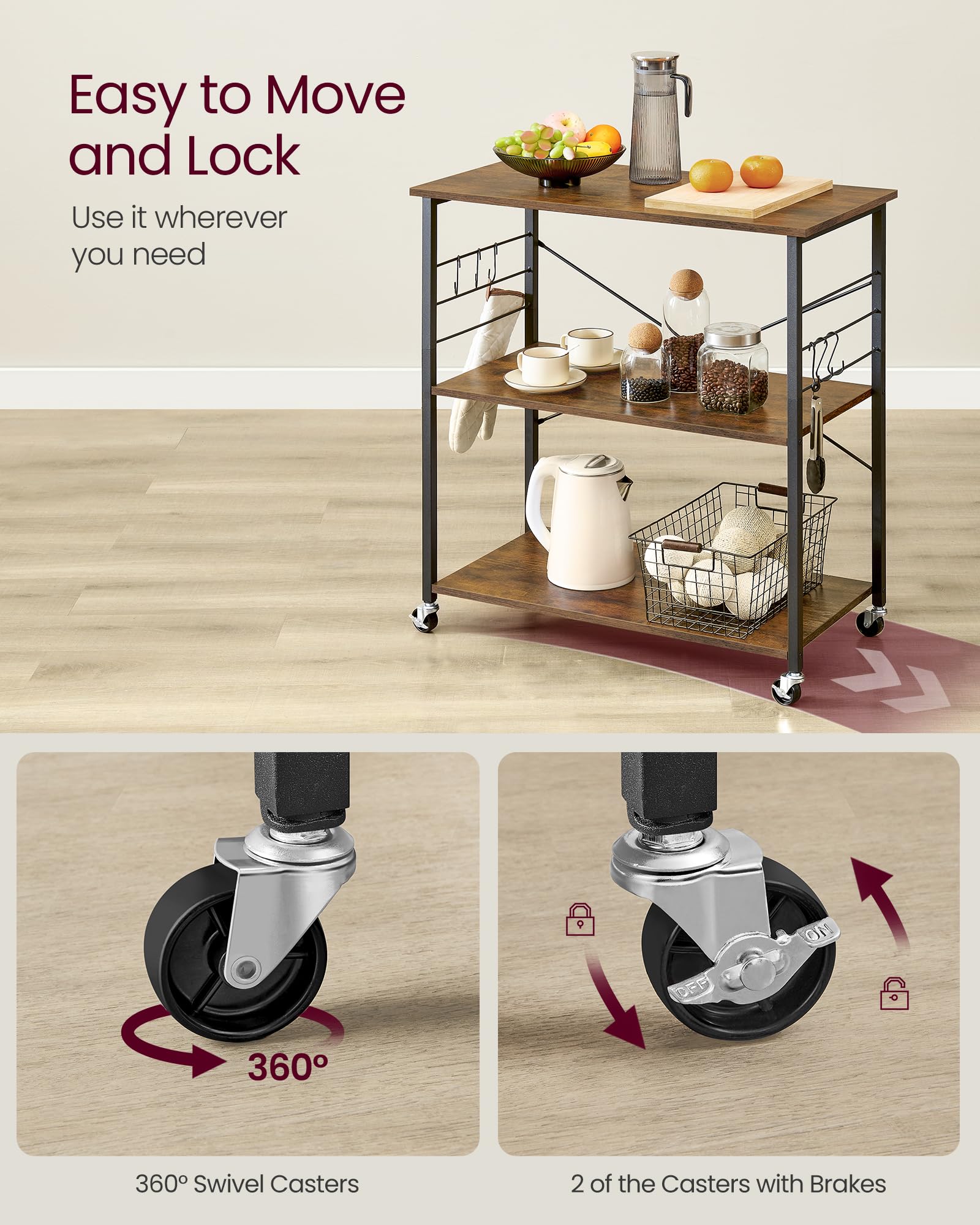 VASAGLE Kitchen Shelf on Wheels, 31.5 Inches Serving Cart with 3 Shelves, Kitchen Cart, Microwave Shelf, for Mini Oven, Toaster, with 6 Hooks, Industrial Style, Rustic Brown and Ink Black UKKS067K01