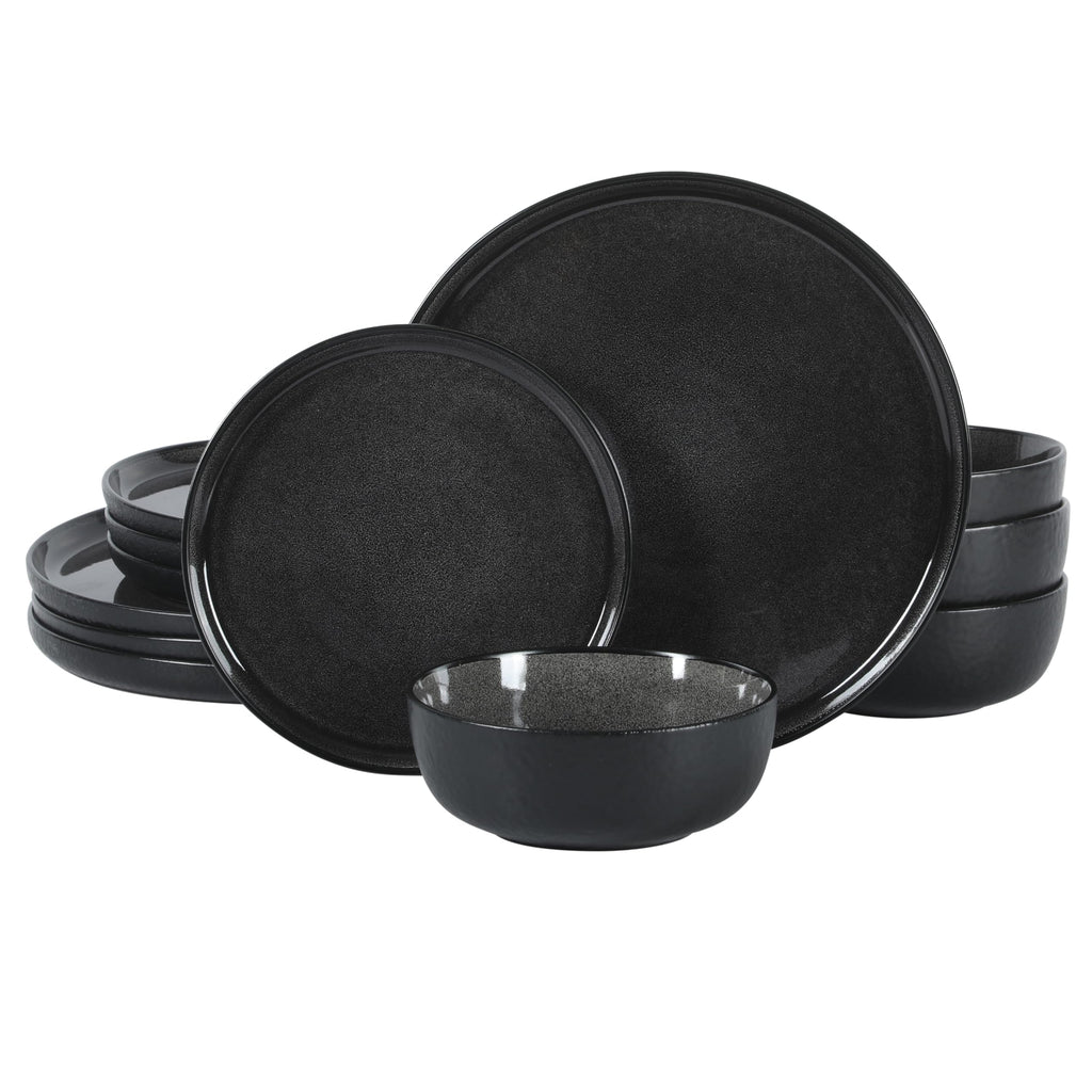Gibson Elite Tahoe Sunset 12 Piece Stoneware Reactive Glaze (Service for 4) Ceramic Plates and Bowls Dinnerware Set - Black