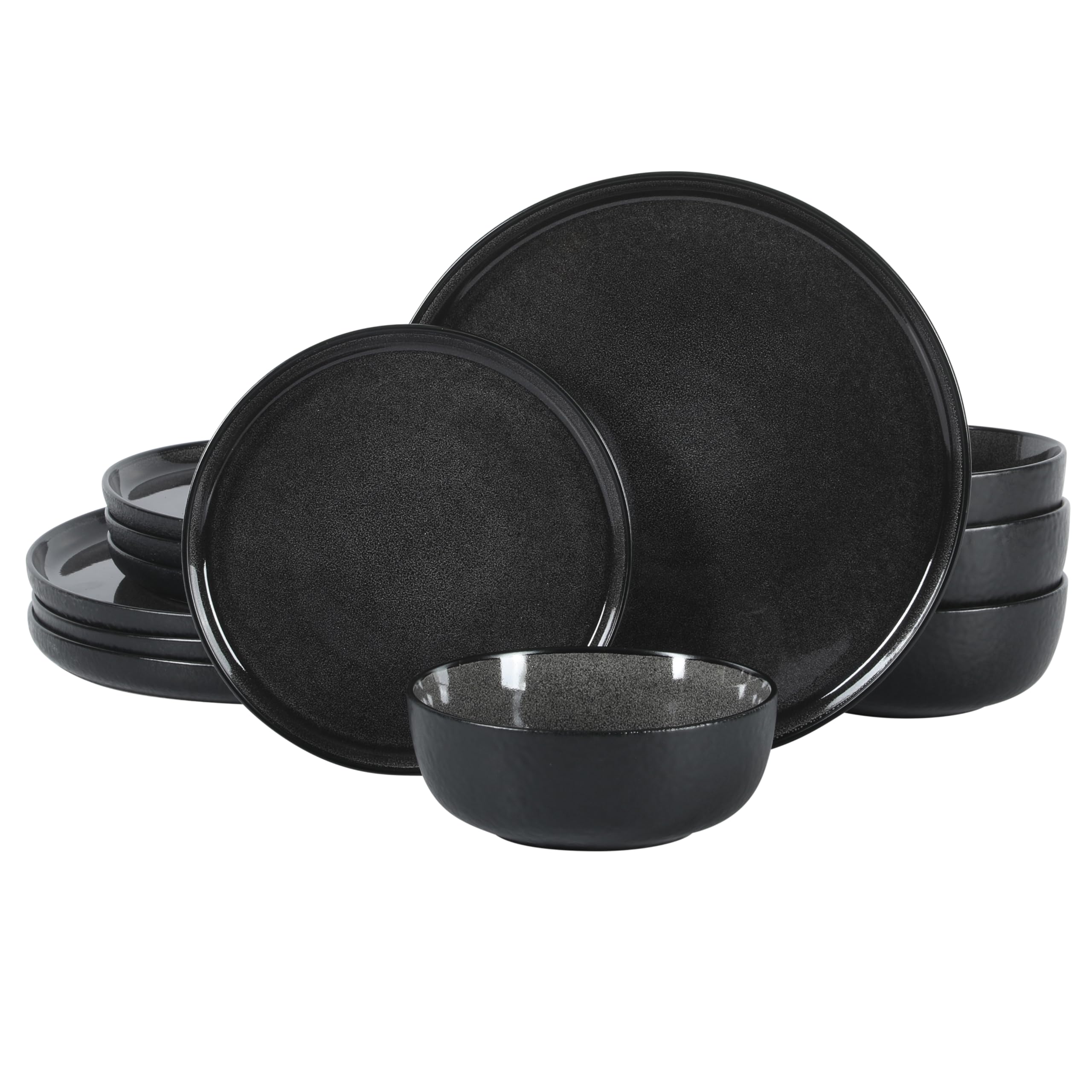 Gibson Elite Tahoe Sunset 12 Piece Stoneware Reactive Glaze (Service for 4) Ceramic Plates and Bowls Dinnerware Set - Black