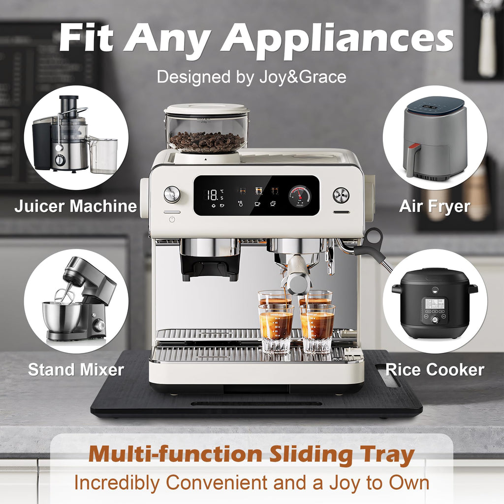 Joy&Grace Appliance Slider for Kitchen Appliances 360° Rolling Sliding Tray for Coffee Maker Countertop, Bamboo Coffee Pot Slider Rolling Tray with Universal Rollers (Black, Large 16"x13")