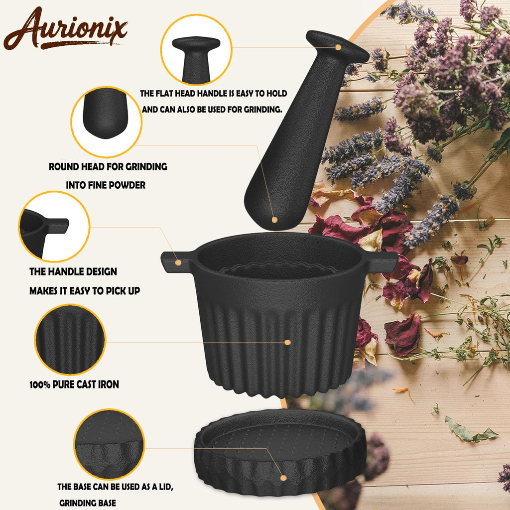 Aurionix Cast Iron Mortar and Pestle Set with Grater Plate, Brush and Spoon
