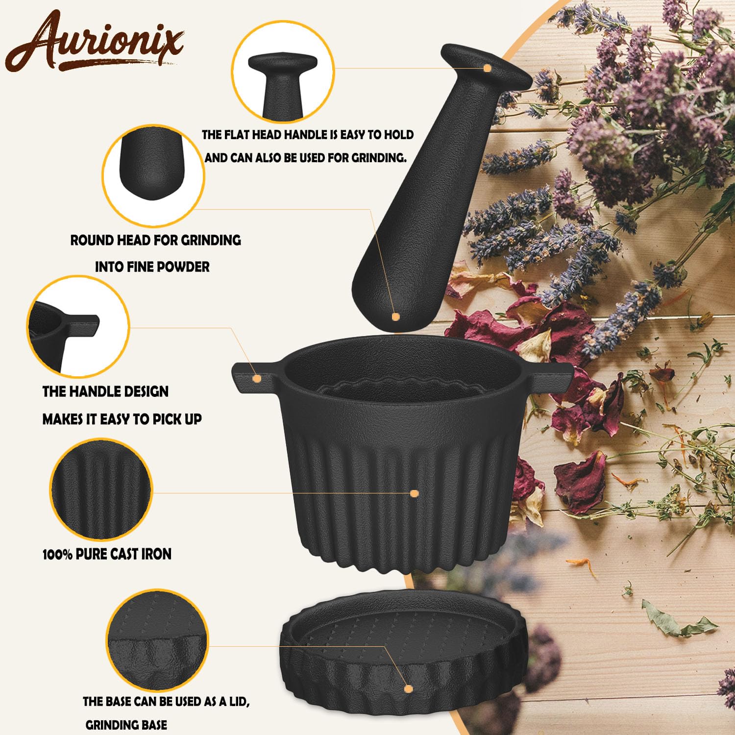 Aurionix Cast Iron Mortar and Pestle Set with Grater Plate, Brush and Spoon