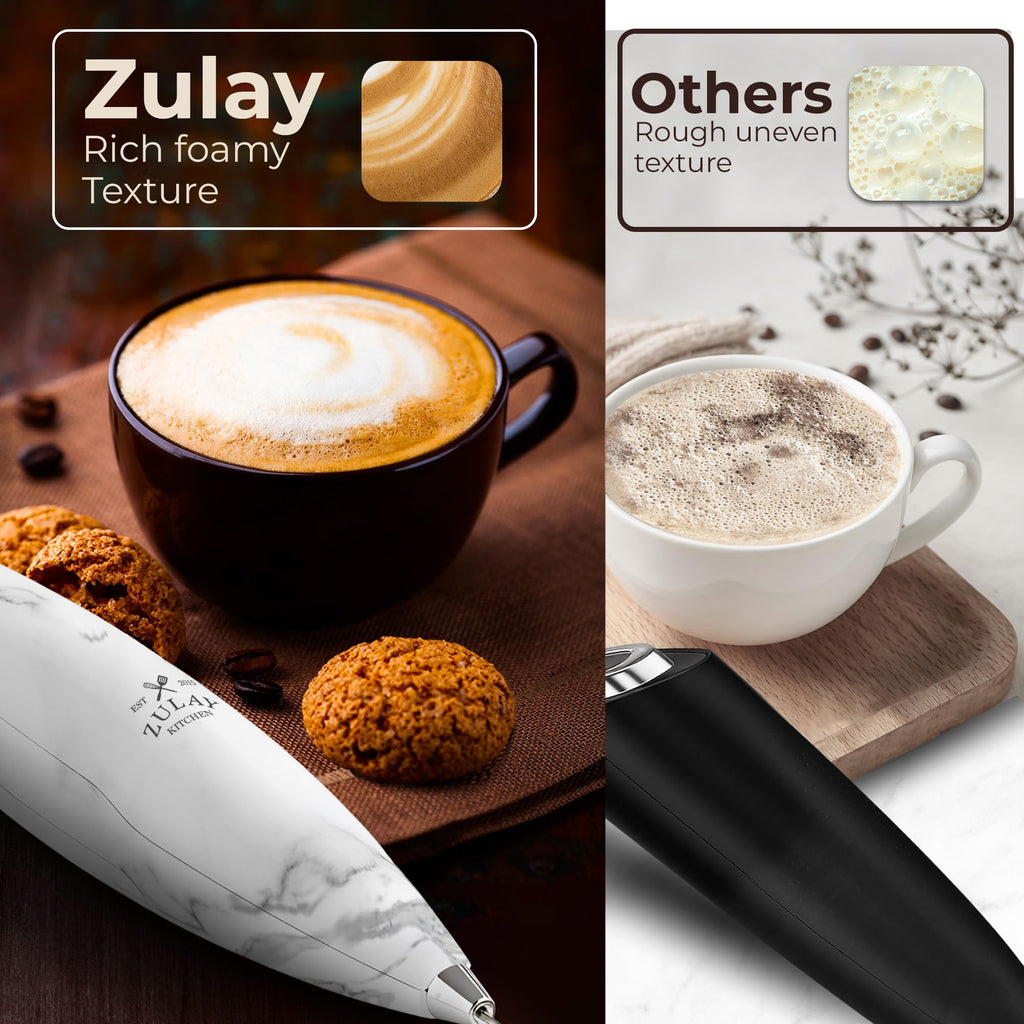 Zulay Kitchen Powerful Milk Frother Wand With Duracell Batteries - Ultra Fast Handheld Drink Mixer - Electric Whisk Foam Maker for Coffee, Lattes, Cappuccino & Matcha - Triple Whisk - Onyx Marble