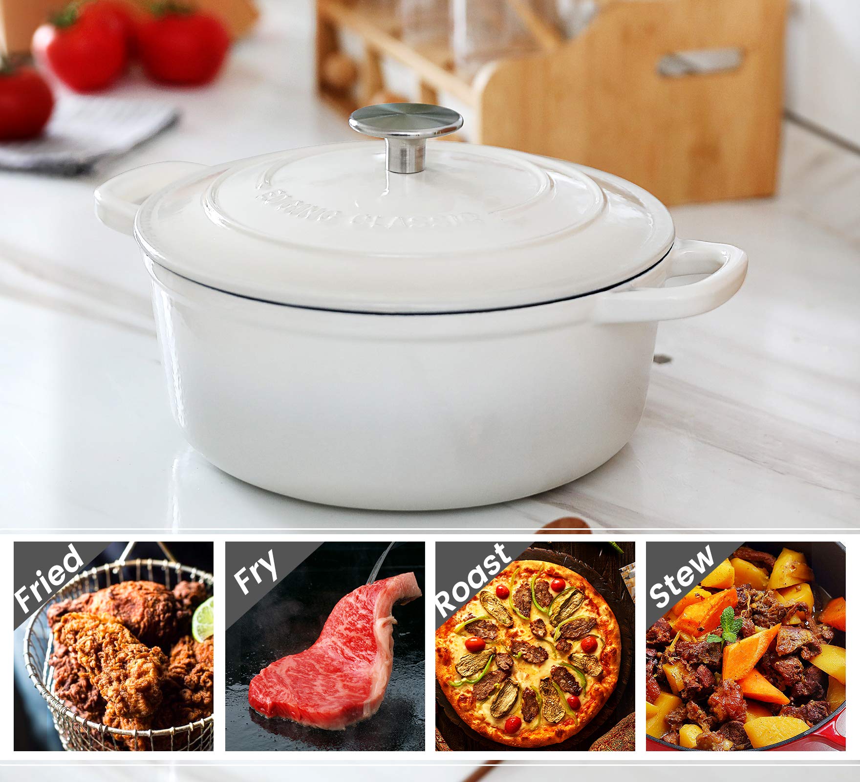 EDGING CASTING Cast Iron Dutch Oven With Lid Round Pot Enameled Covered for Bread Baking, 7 Quart, White