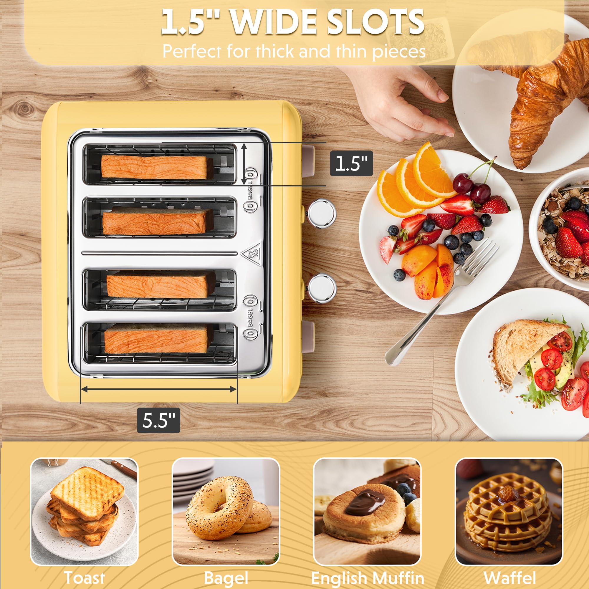 BUYDEEM DT640 4-Slice Toaster, 7 Shade Settings, Extra Wide 1.5’’ Slots for Bagel & English Muffin, 6 Toasting Functions, Retro Stainless Steel Toaster with High Lift Lever, 1800W, Yellow