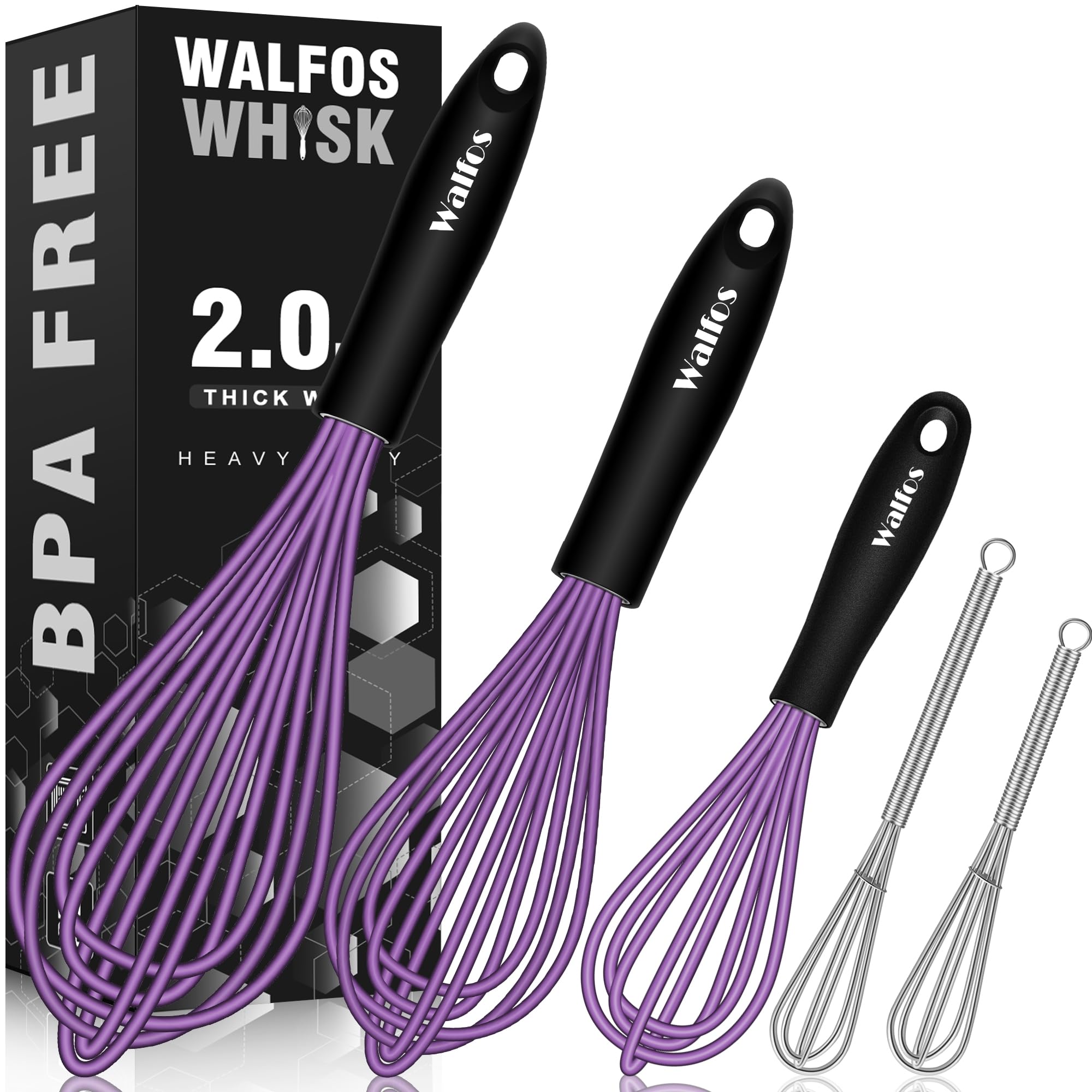 Walfos Whisk, Silicone Whisks Set of 5, Mini Stainless Steel Whisk 7+5in & Non Scratch Coated 7+9+11in Whisks, Suitable for Blending, Whisking, Beating, Frothing & Stirring. (Purple)