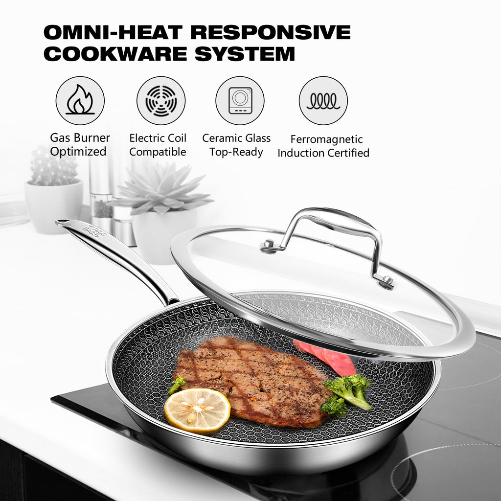 JUST VEGAN 10-inch/11-inch Stainless Steel Skillet with Lid, Nonstick Frying Pan - Induction Ready, Oven & Dishwasher Safe, PFOA/PTFE Free for Gas/Electric/Ceramic Cooktops (10 inch+Lid)