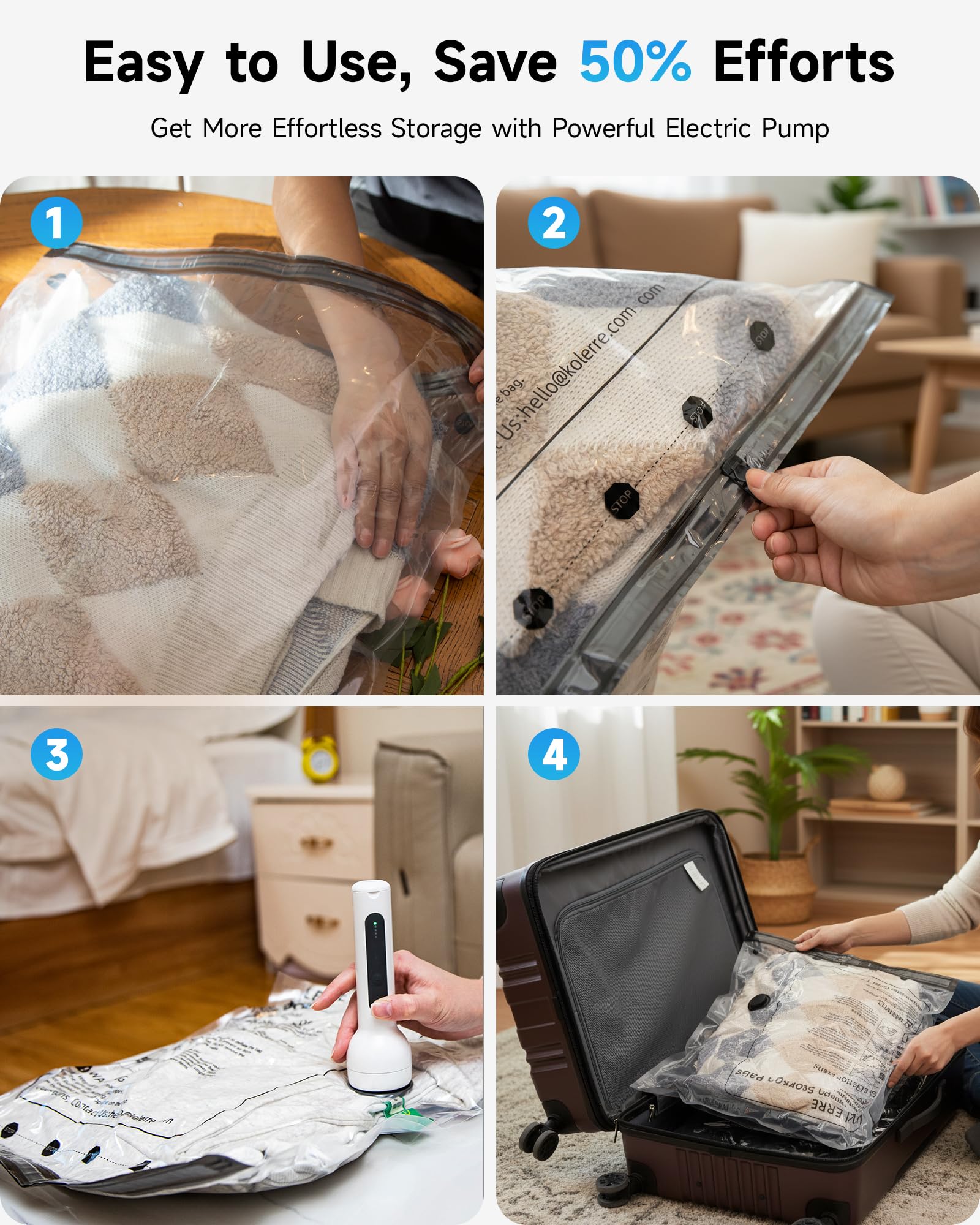 KOLERRE Travel Vacuum Bags with 2026 Lastest Wireless Pump, 8 Pack-4 Sizes Space Saver Vacuum Storage Bags for Luggage and Suitcase, Compression Bags for Packing, Vacuum Seal Bags for Clothing Travel