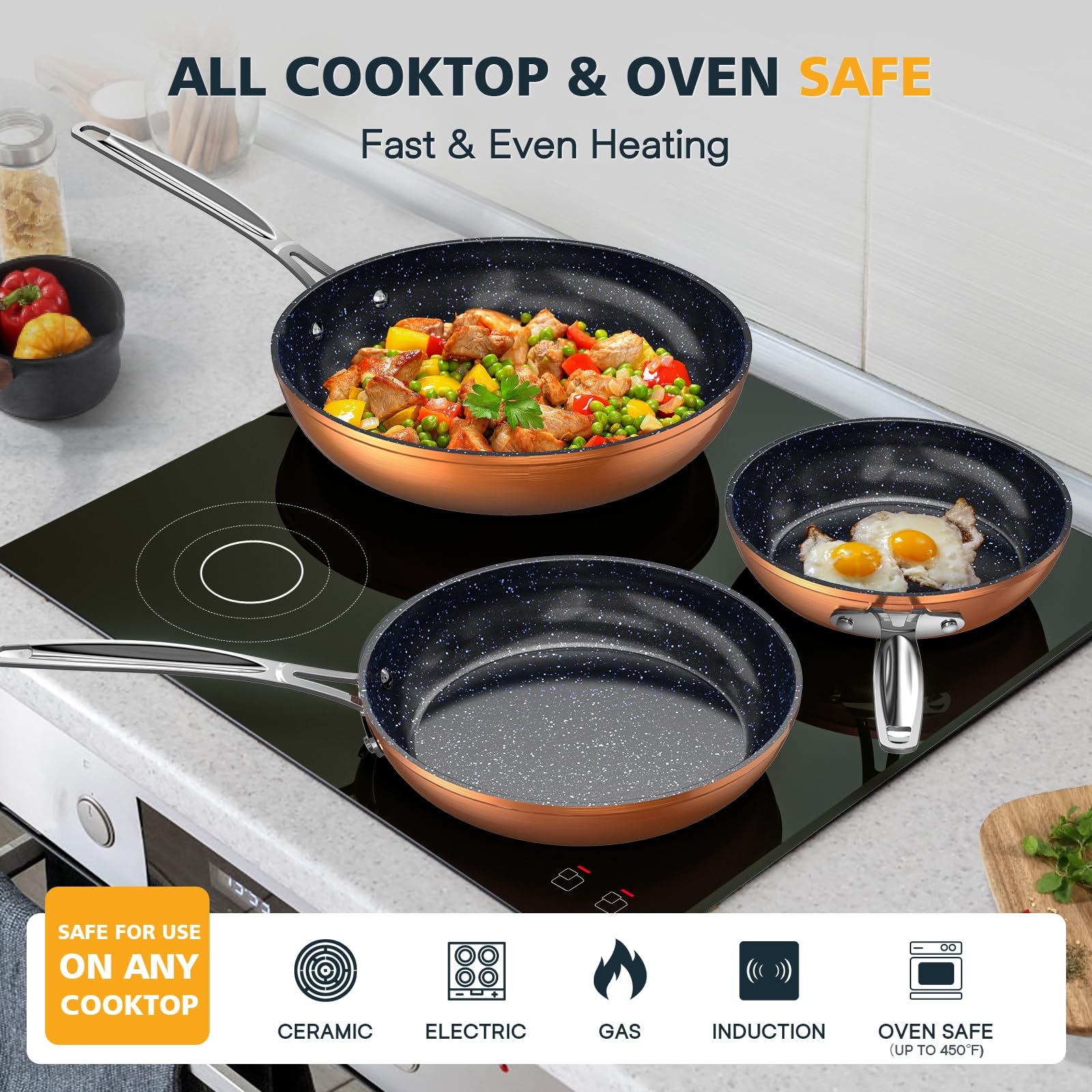 Nuwave 3-Piece 8”, 10”, 12” Forged Lightweight Frying Pan Set, Cozy Blue