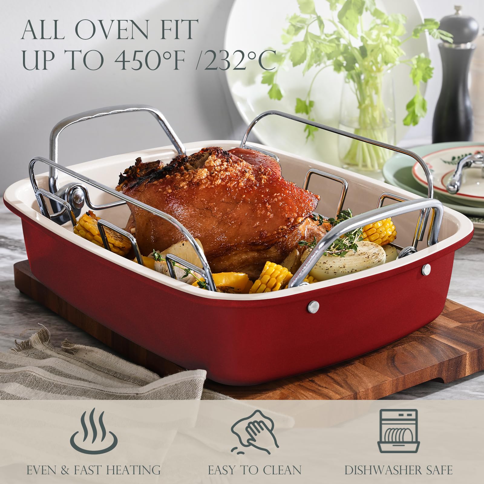 KITESSENSU Nonstick Turkey Roasting Pan with Rack 17 x 14 inch - Large Chicken Roaster Pan for Oven - Wider Handles & Heavy Duty Construction - Suitable for 24lb Turkey, Red