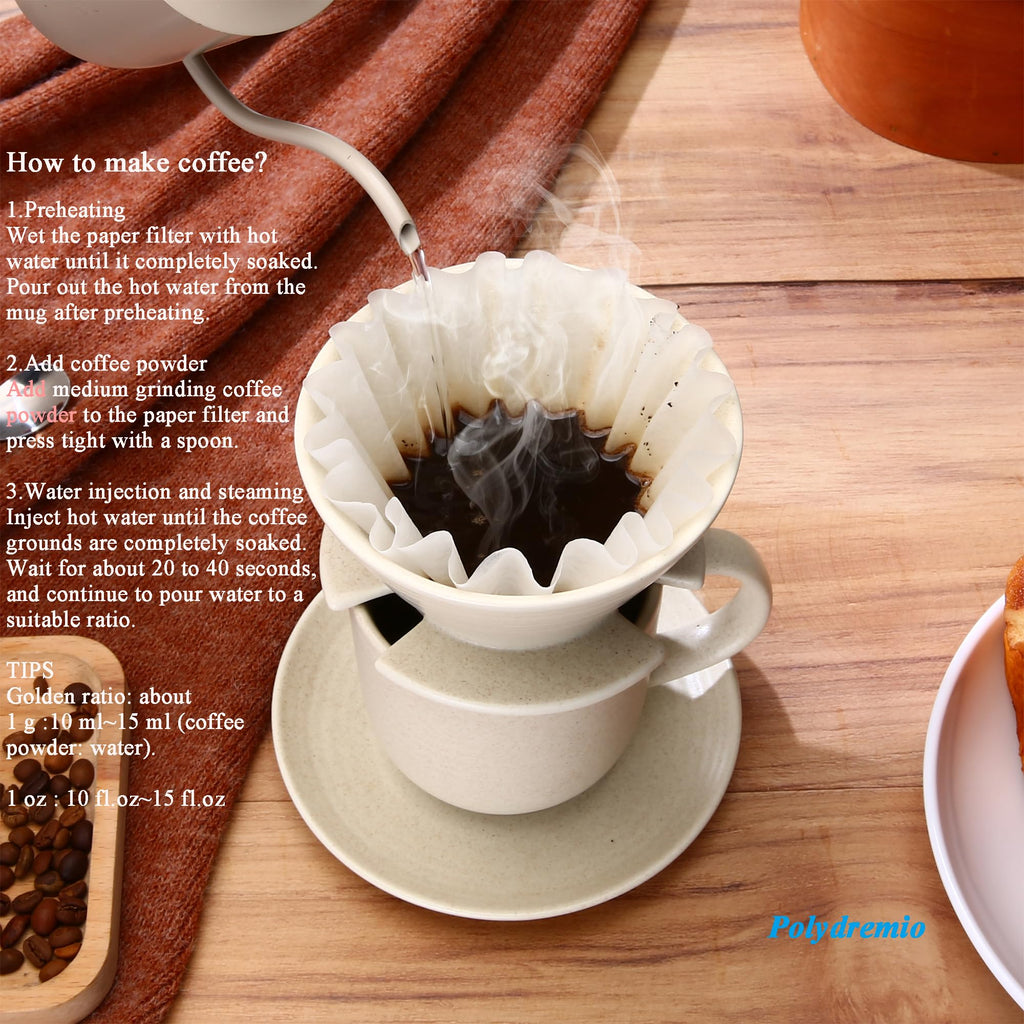 Polydremio Pour Over Coffee Maker, with 50 PCS Basket Coffee Filters, 310 ml/10 oz Mug with Saucer & Coffee Dripper, Ceramic, Off-white