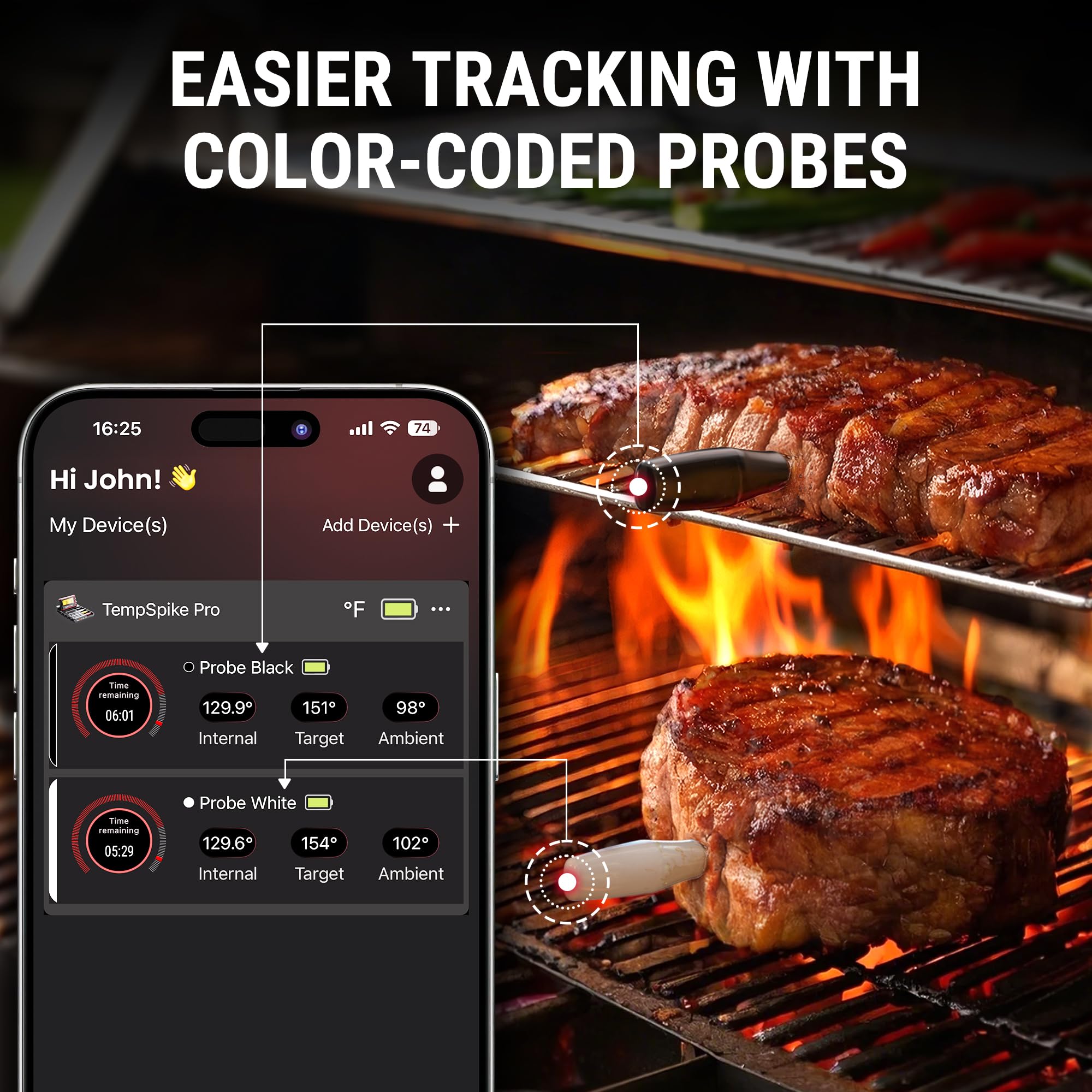 TempSpike Wireless Meat Thermometer Digital with App, WiFi & Bluetooth BBQ Grill Thermometer with High Precision, Waterproof & Heat-Resistant Probes, Rechargeable Base with Display for BBQ Smoker Oven