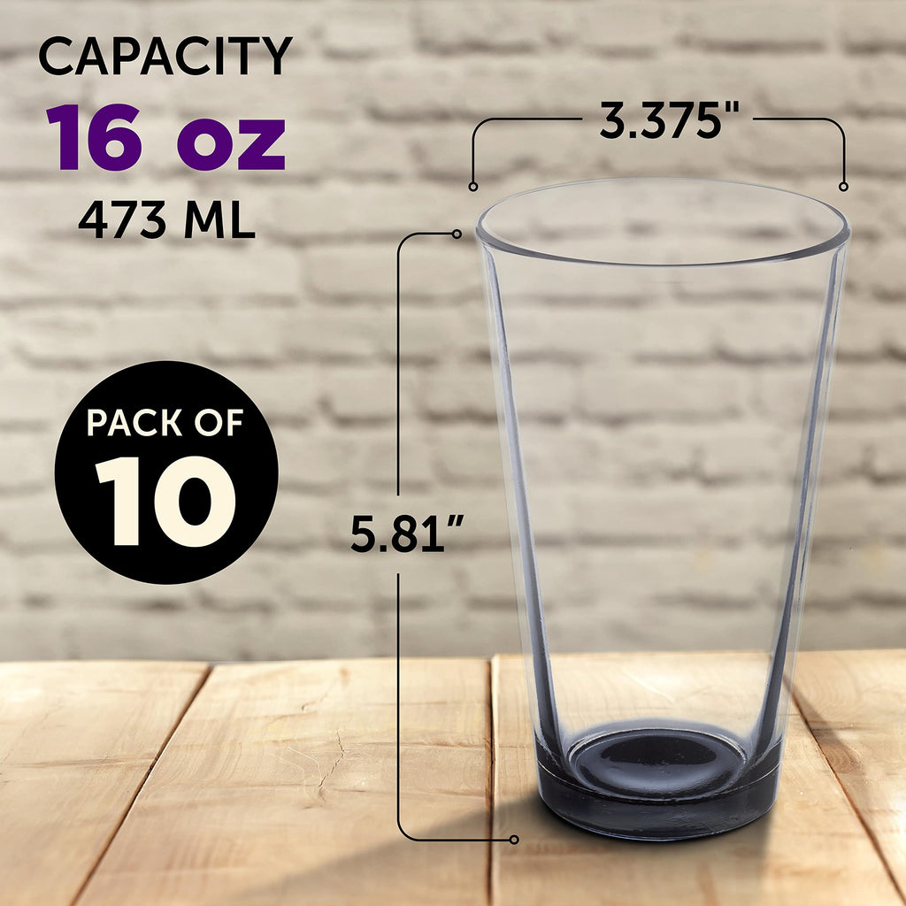 Libbey Pint Glass 16 oz. Set of 10, Bulk Pack - Beer Glasses, Heavy Duty Drinkware - Black