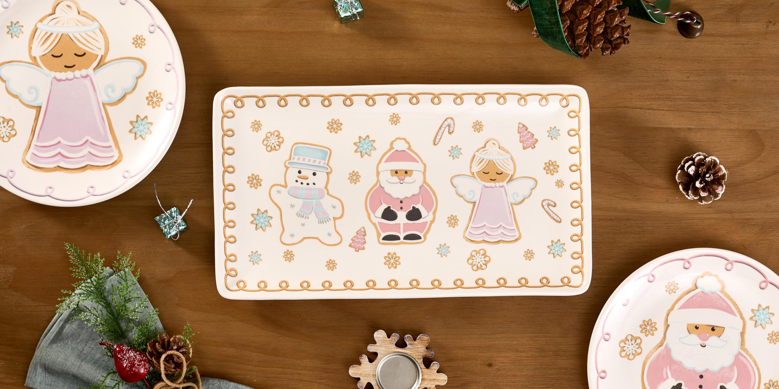 Bico Pastel Gingerbread Man Gnomes Ceramic Rectangular Serving Platters Set of 2, 14 Inch, Microwave & Dishwasher Safe, Large and Medium Platters for Appetizers, Cheese, Salad, Pasta