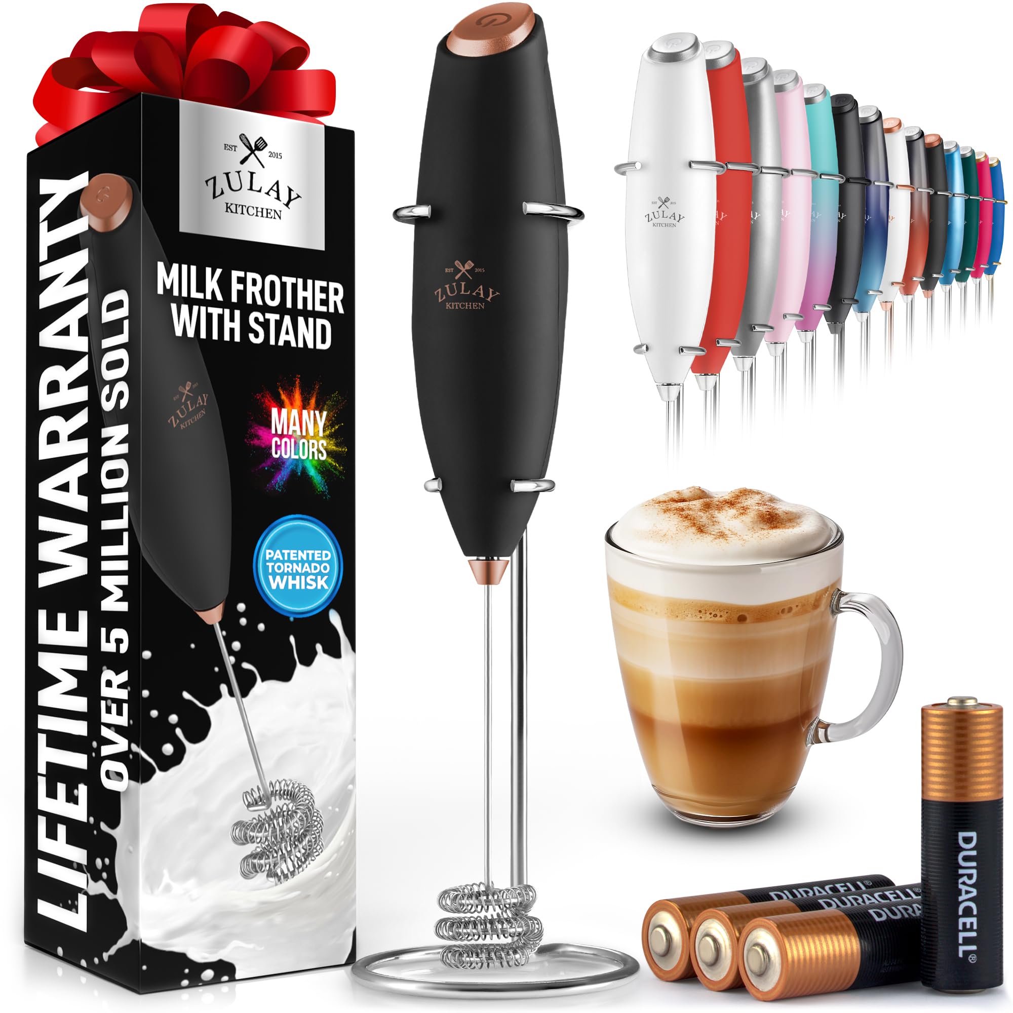 Zulay Kitchen Powerful Milk Frother Wand With Duracell Batteries - Ultra Fast Handheld Drink Mixer - Electric Whisk Foam Maker for Coffee, Lattes, Cappuccino & Matcha - Triple Whisk - Luster Copper