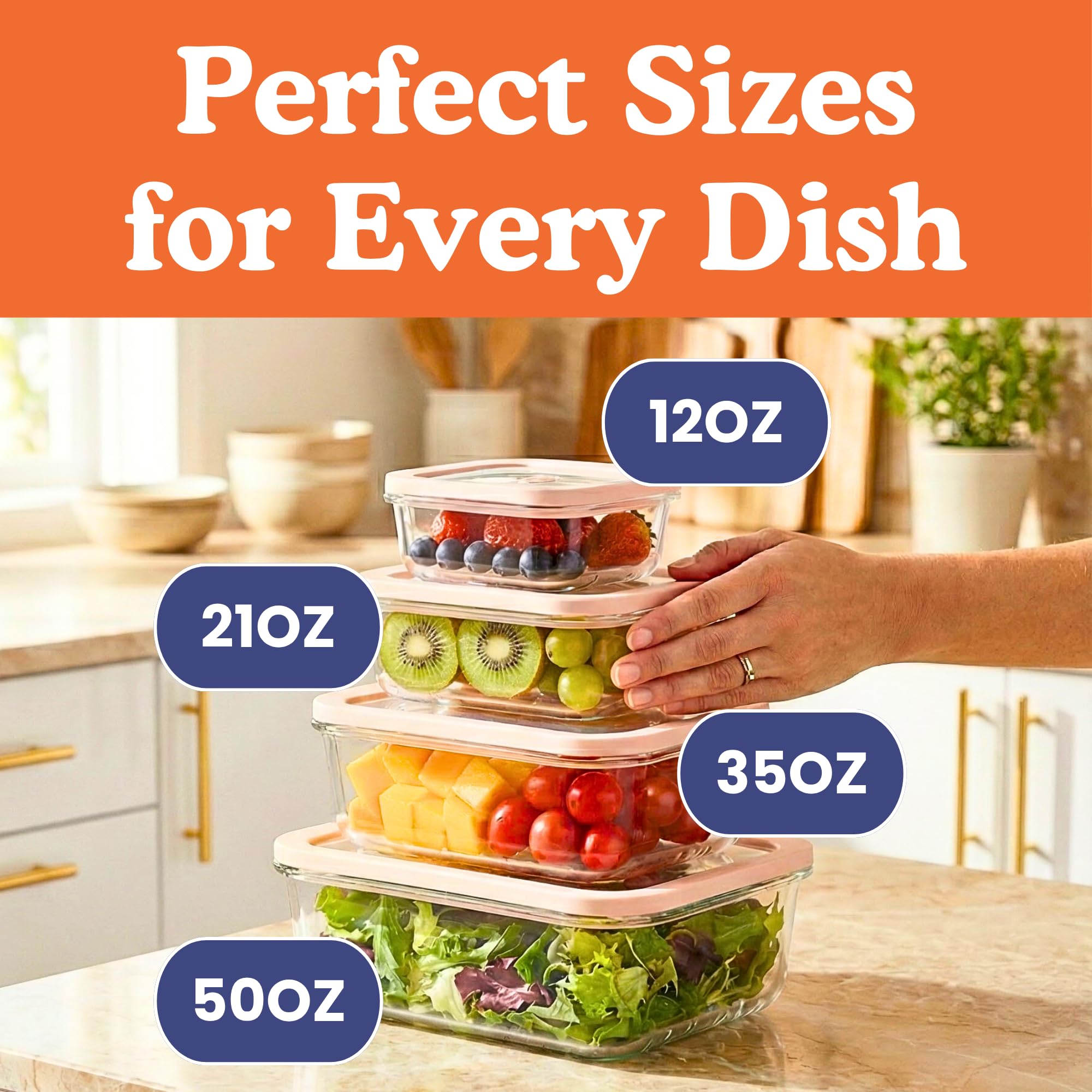 Non-Toxic Glass Food Containers with Lids, 4-Pack, Multi-Size, Beige