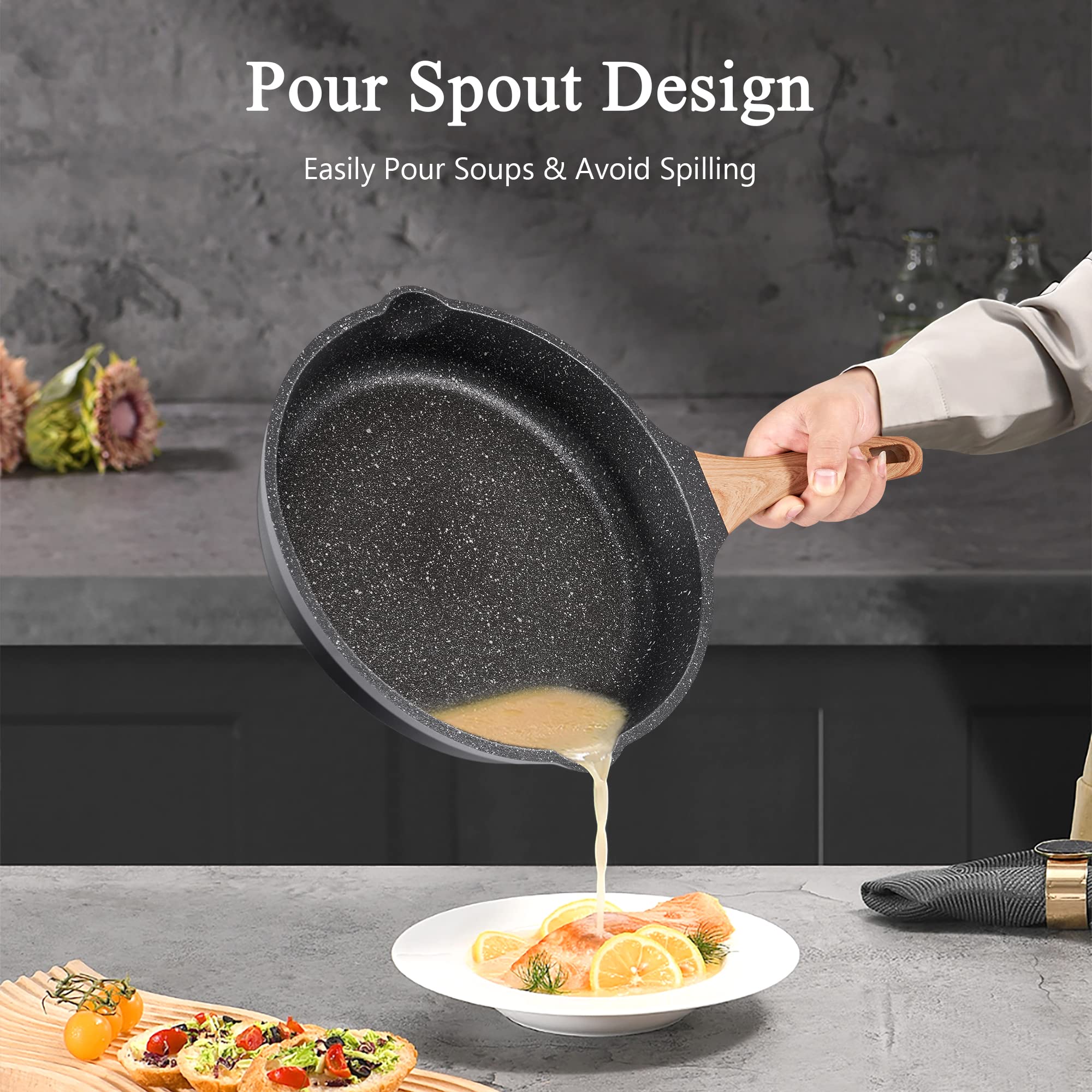 YIIFEEO Non Stick Frying Pan Set with Lids, Granite Skillet Set, Egg Omelette Pans for Cooking Pan Set, No Toxic Kitchen Cookware Set Compatible with All Stovetops (Gas & Induction), PFOA Free, Gift