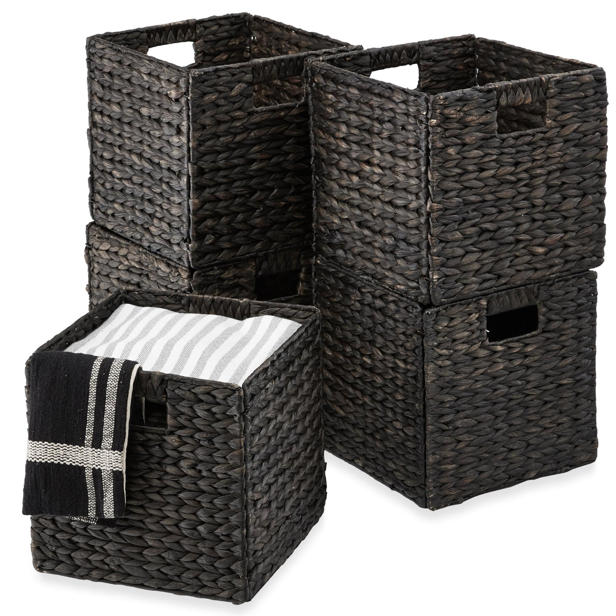Best Choice Products 10.5x10.5in Pack of 5 Cube Storage Baskets, Water Hyacinth Multipurpose Collapsible Organizers, Handwoven Laundry Totes for Laundry, Living Room, Kids Room & Nursery - Whitewash